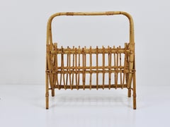 Franco Albini Style Rattan Bamboo Magazine Rack Newspaper Stand, Italy, 1950s
