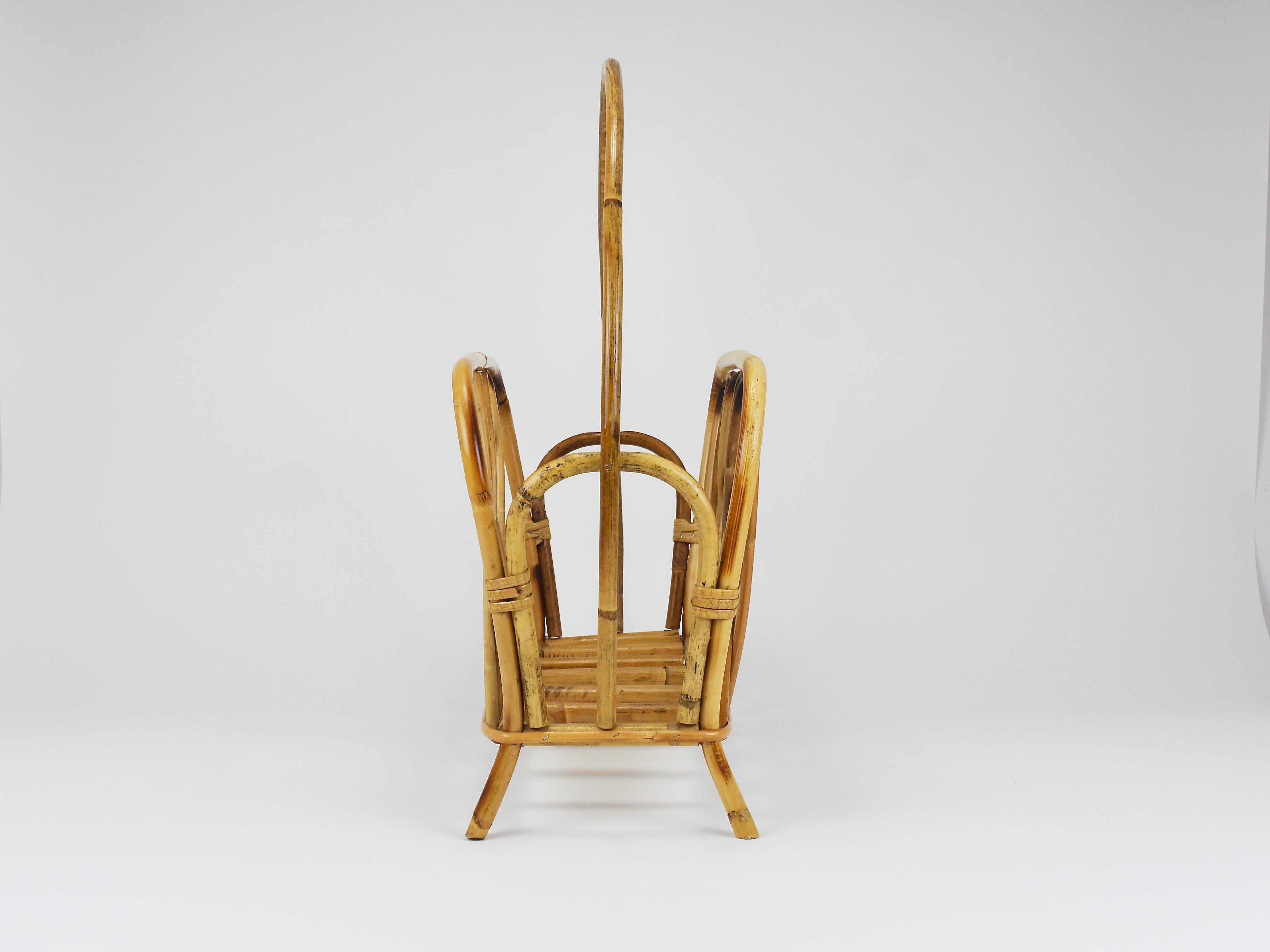 Franco Albini Style Rattan Bamboo Magazine Rack Newspaper Stand, Italy, 1970s For Sale 10
