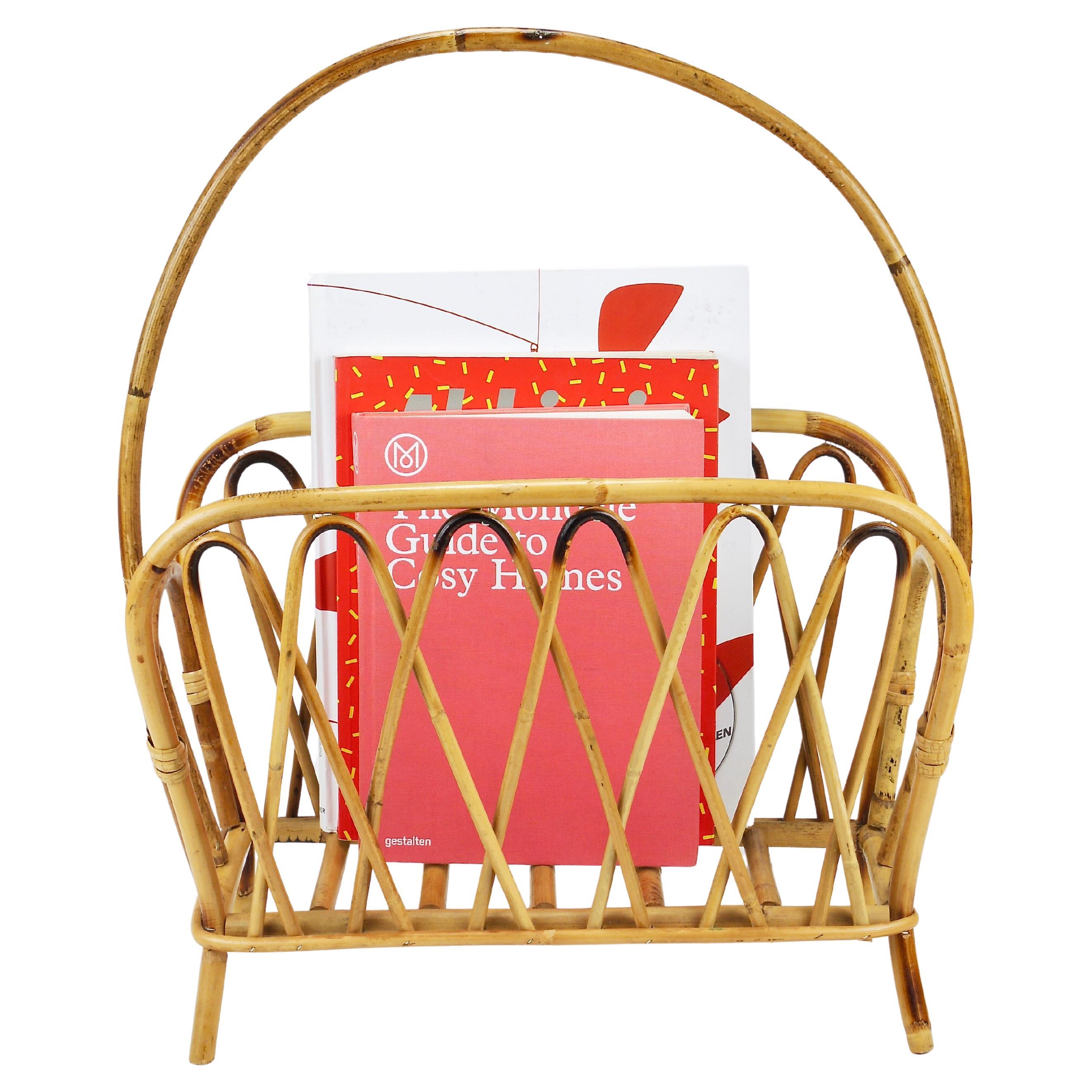 Franco Albini Style Rattan Bamboo Magazine Rack Newspaper Stand, Italy, 1970s For Sale
