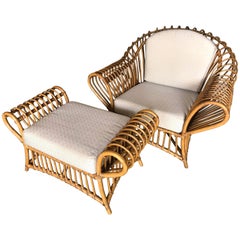 Franco Albini Style Rattan Chair and Ottoman Set, 1980s