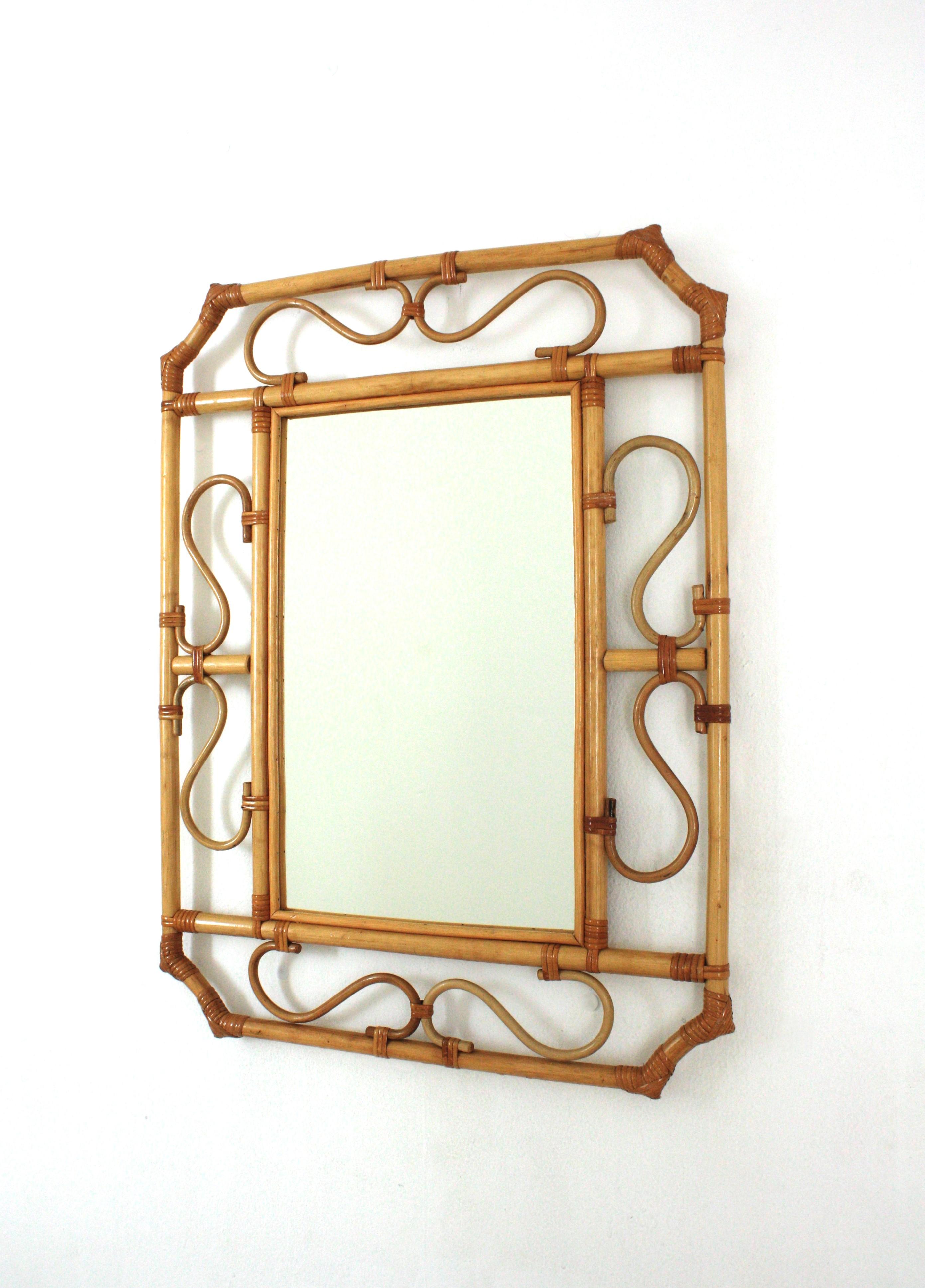 Franco Albini Style Rattan Octagonal Mirror, Italy, 1960s For Sale 2