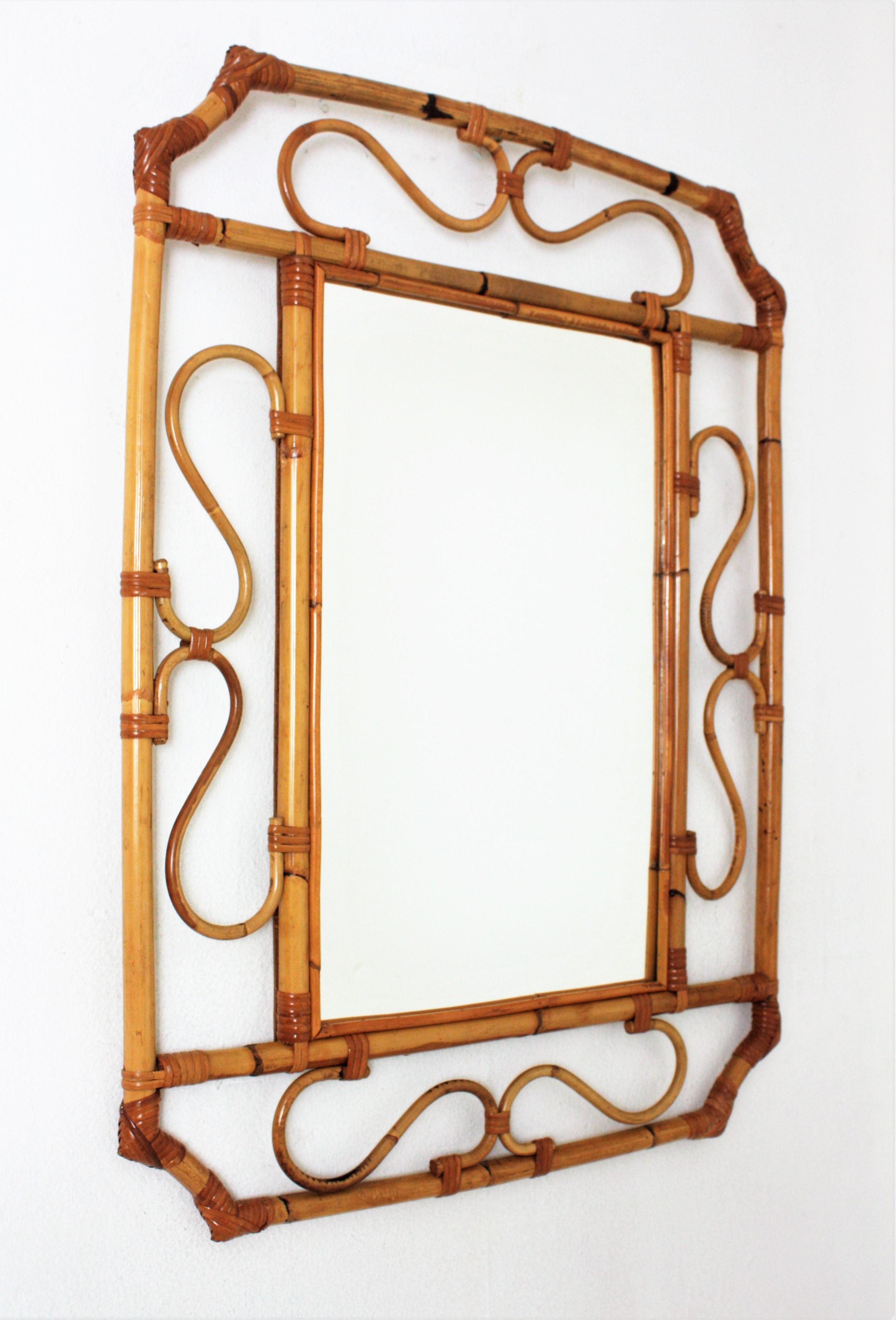 Mid-Century Modern Franco Albini Style Rattan Octagonal Mirror, Italy, 1960s