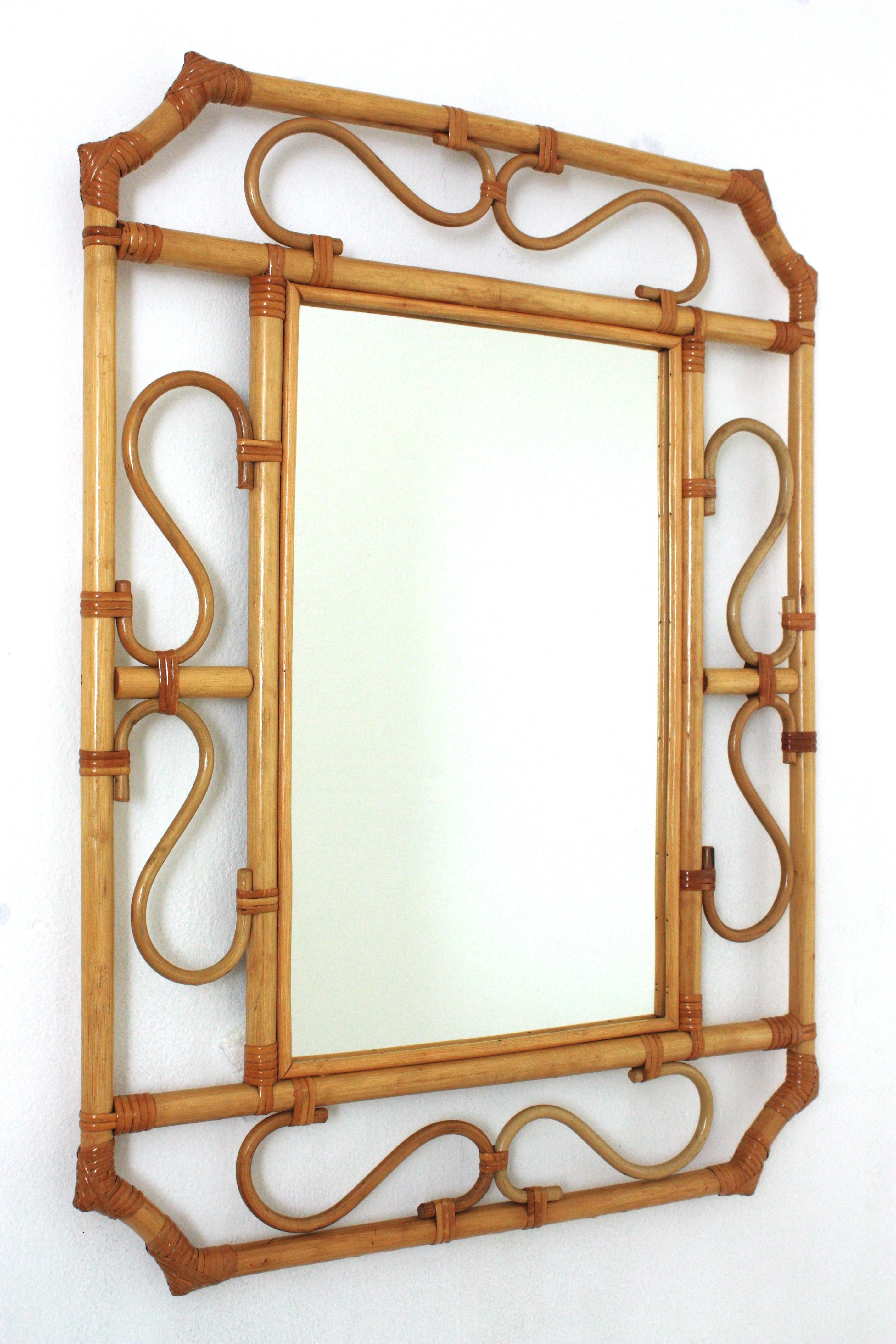 Mid-Century Modern Franco Albini Style Rattan Octagonal Mirror, Italy, 1960s For Sale