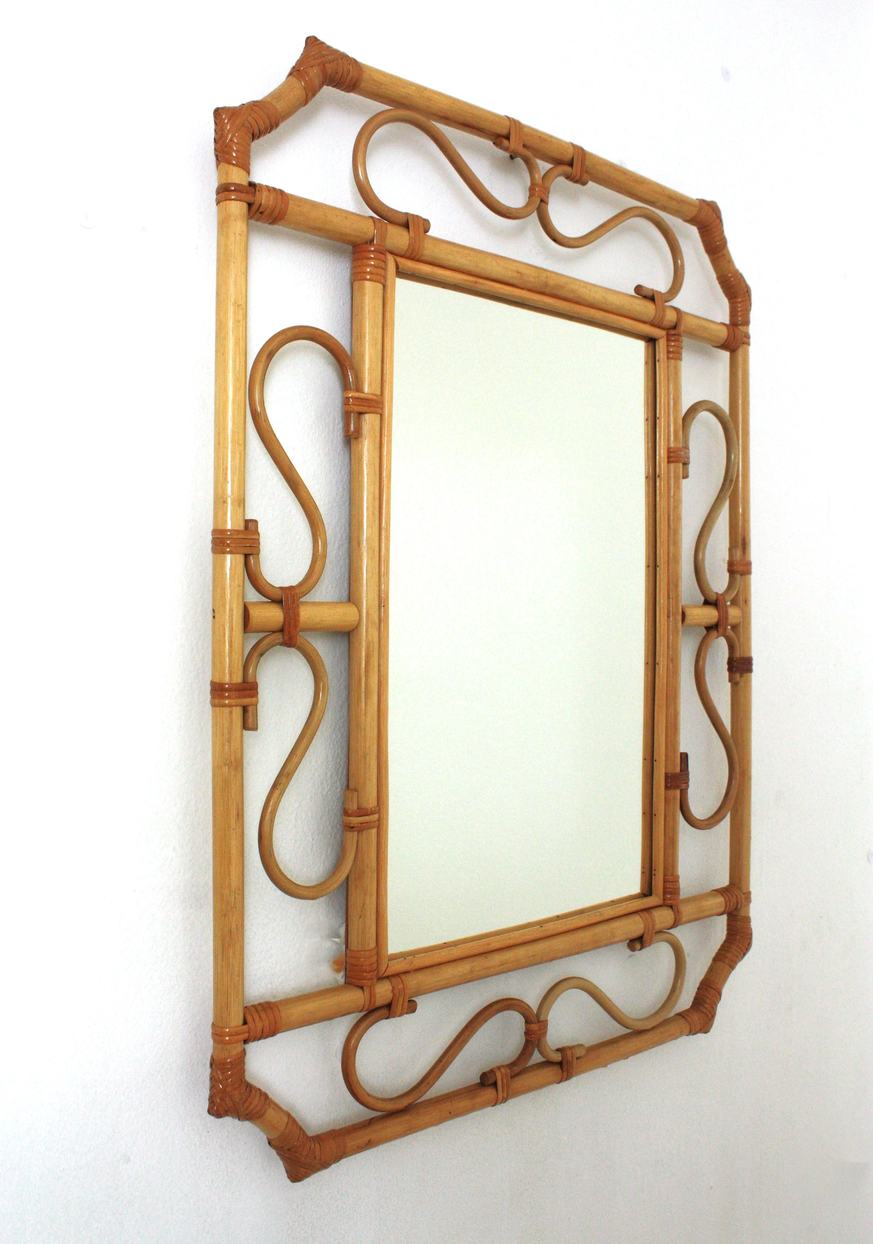 Italian Franco Albini Style Rattan Octagonal Mirror, Italy, 1960s For Sale