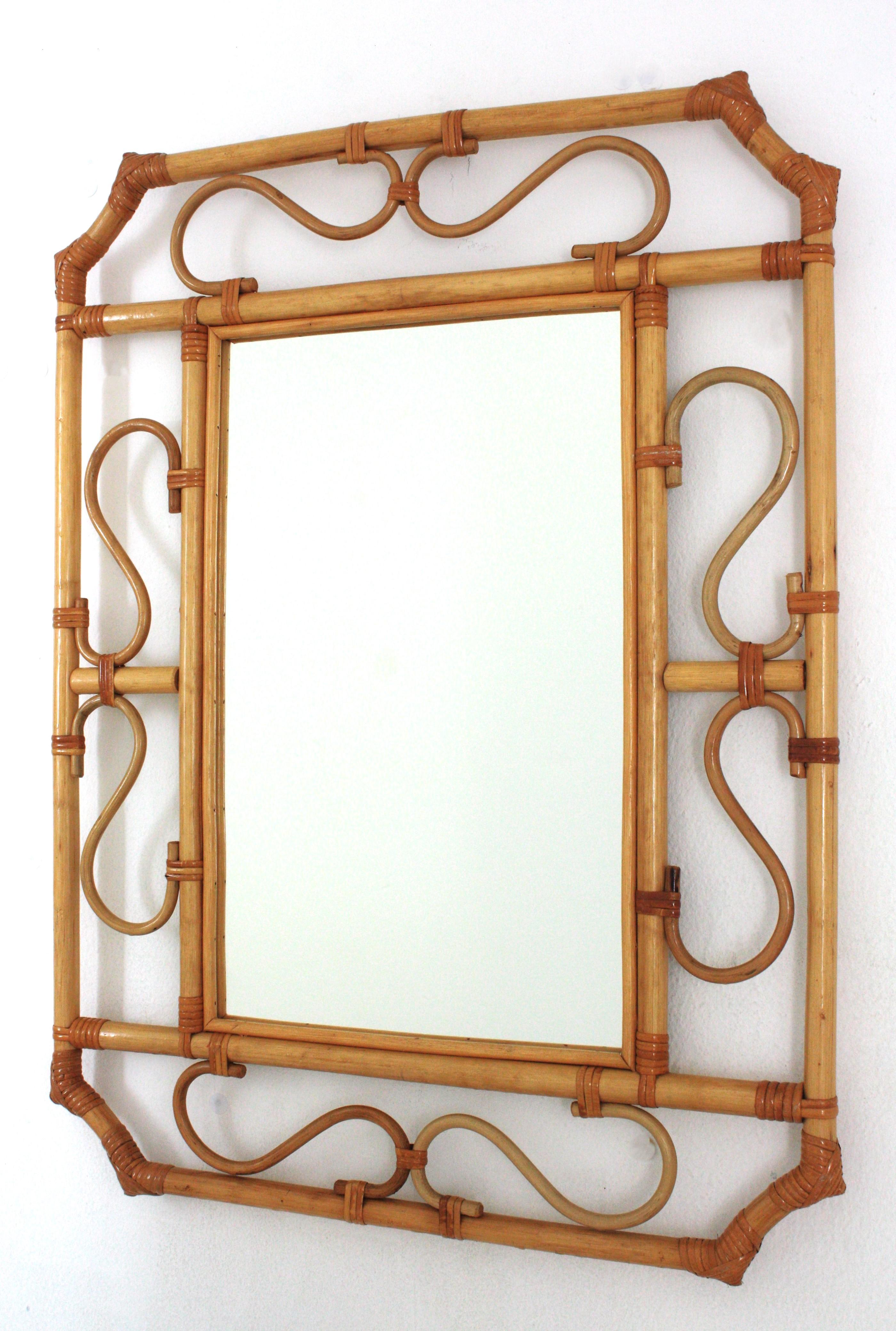 Hand-Crafted Franco Albini Style Rattan Octagonal Mirror, Italy, 1960s For Sale