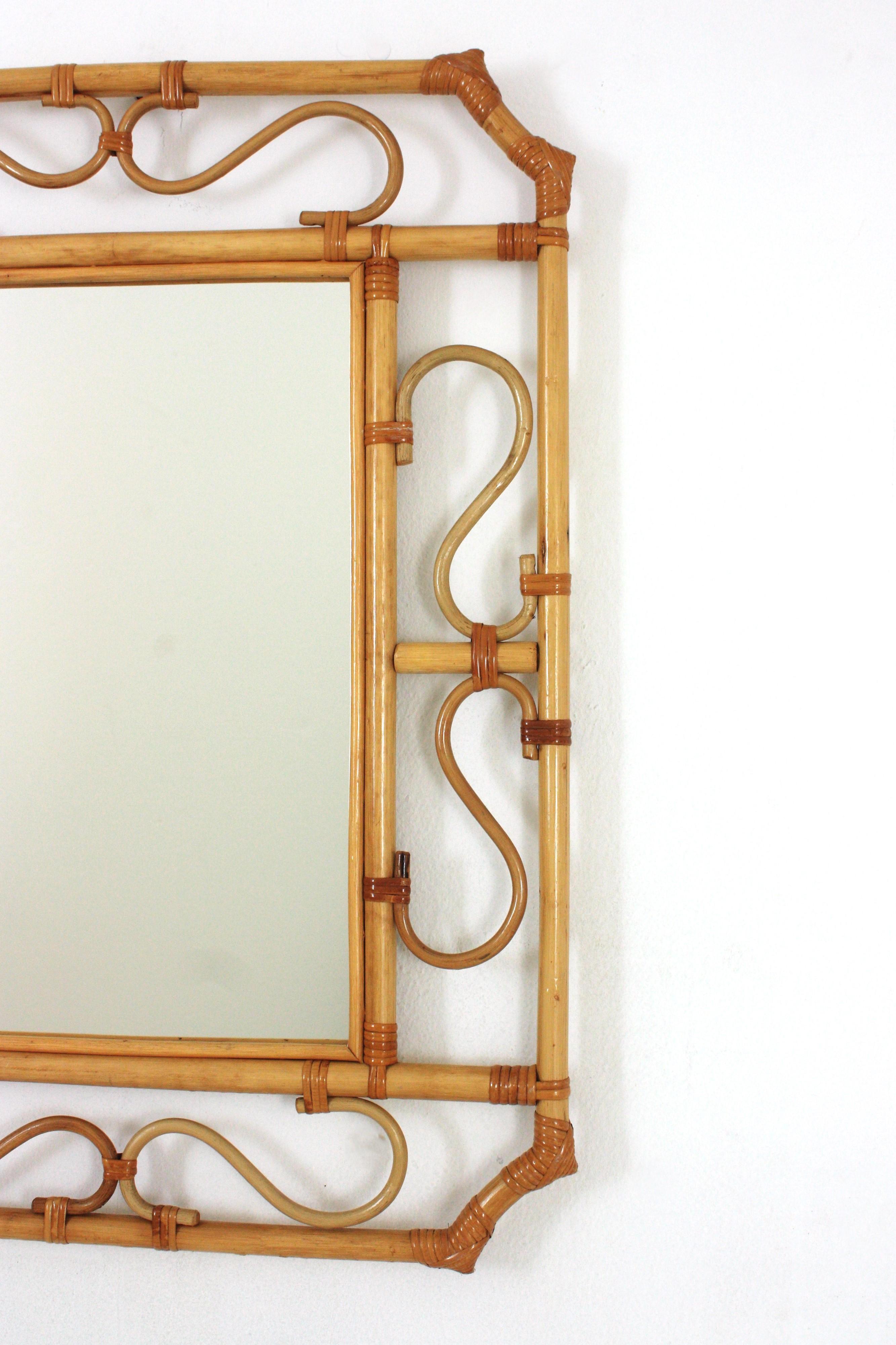 20th Century Franco Albini Style Rattan Octagonal Mirror, Italy, 1960s For Sale