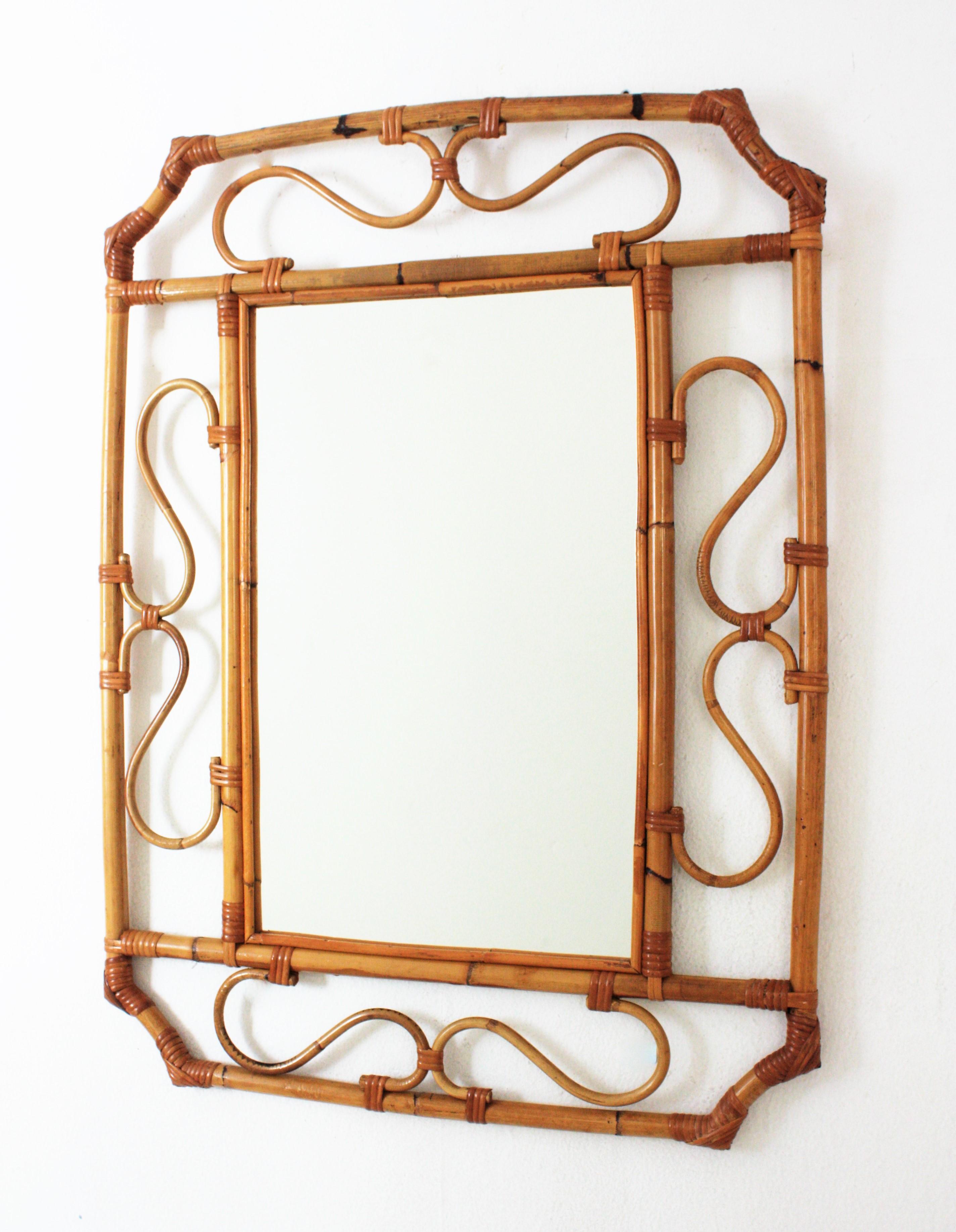 Cane Franco Albini Style Rattan Octagonal Mirror, Italy, 1960s
