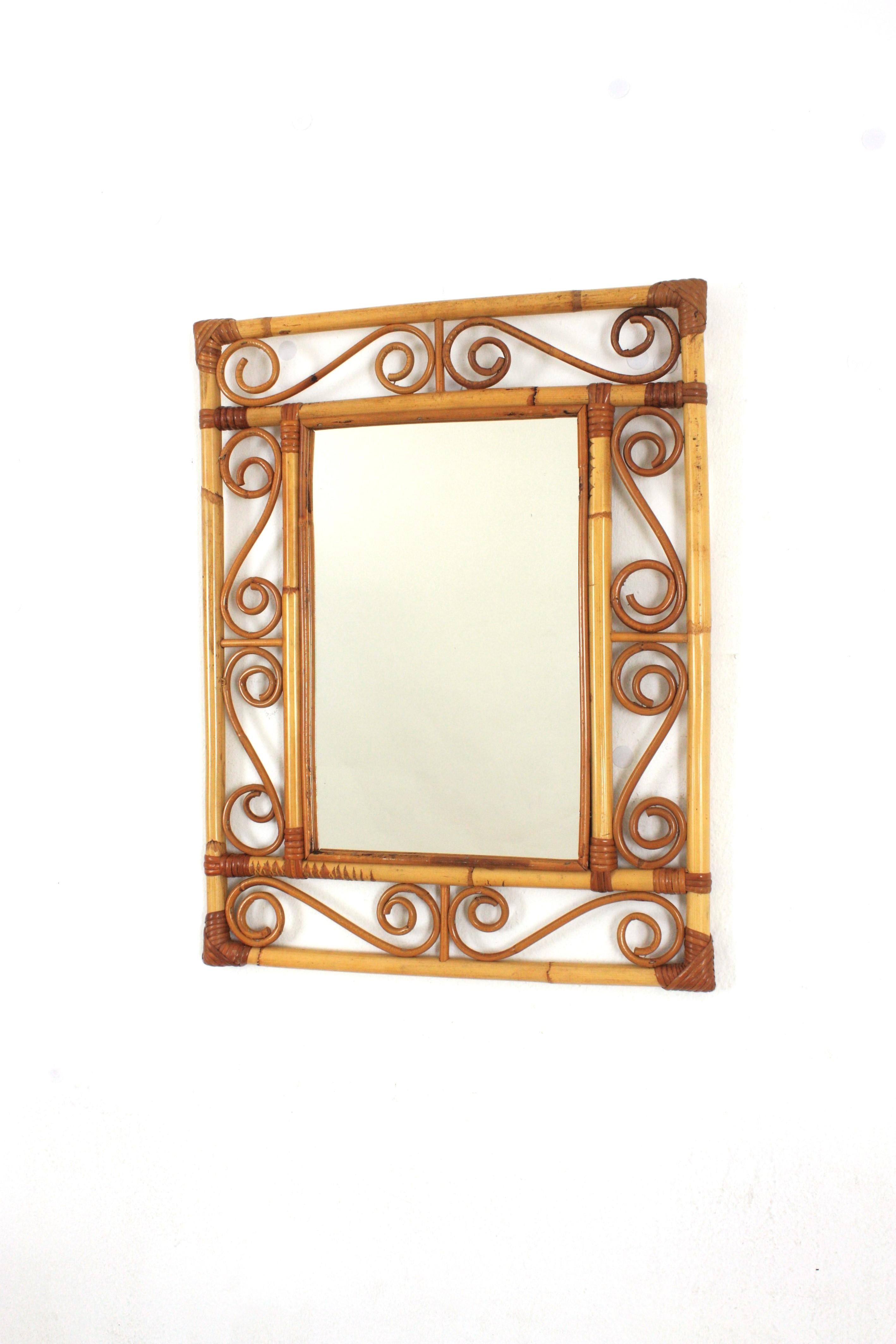 Franco Albini Style Rattan Rectangular Mirror with Scroll Motifs For Sale 2
