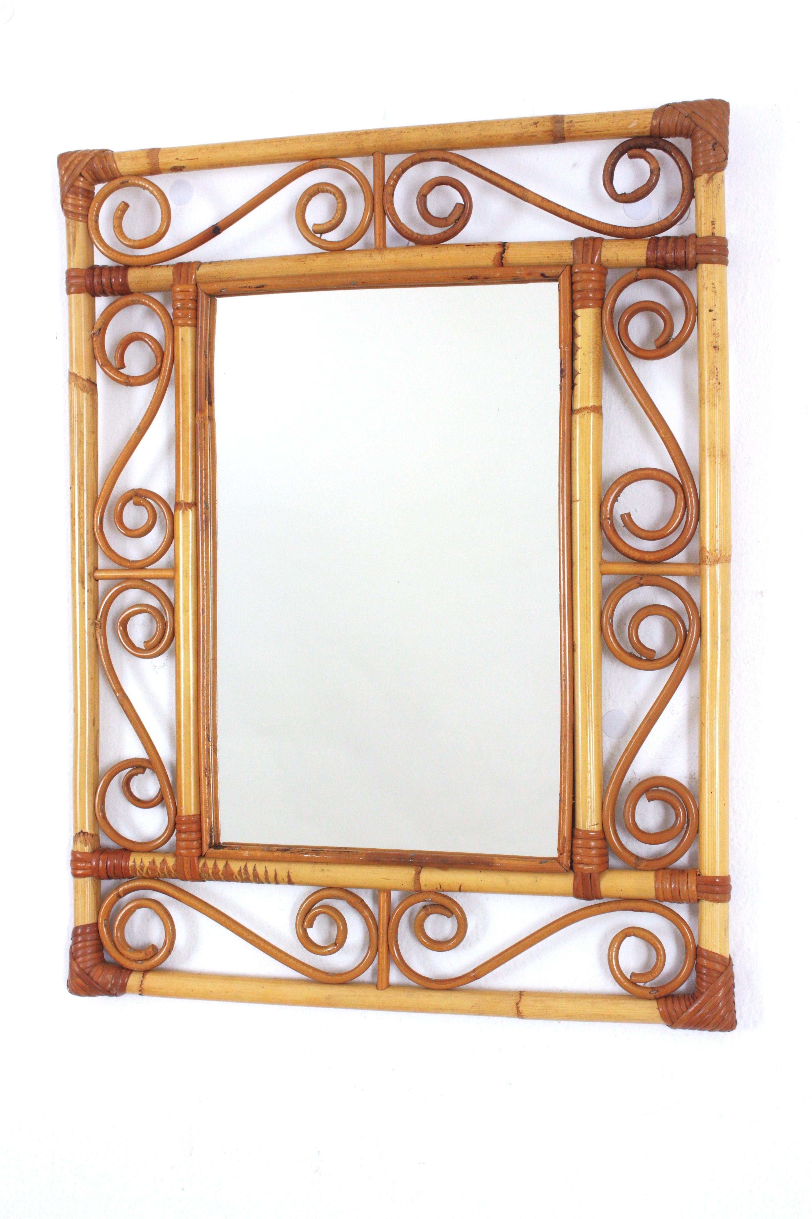 Franco Albini Style Rattan Rectangular Mirror with Scroll Motifs For Sale 3