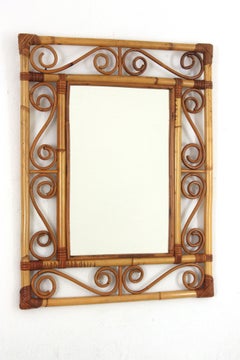Franco Albini Style Rattan Rectangular Mirror with Scroll Motifs