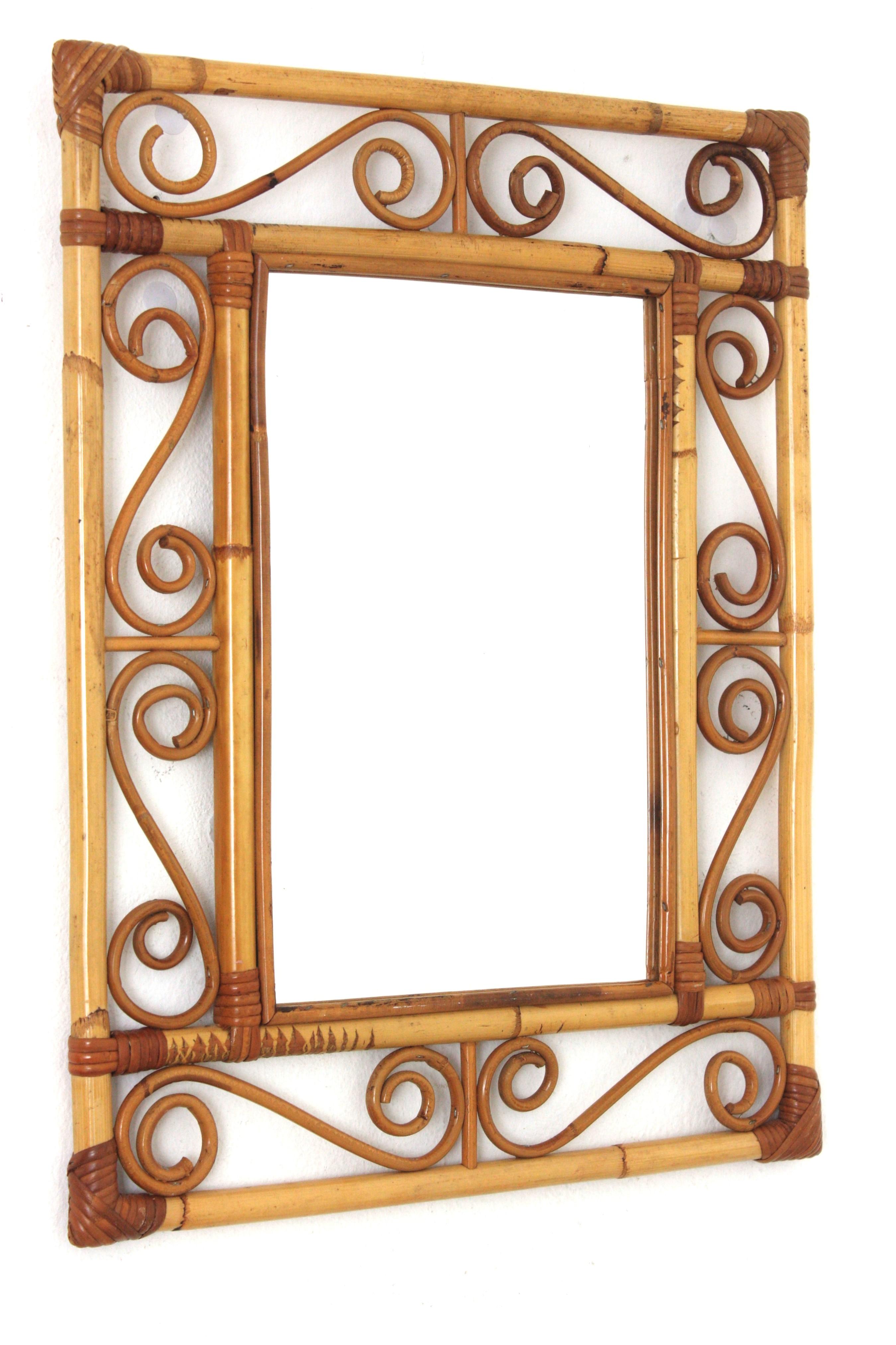 Mid-Century Modern Franco Albini Style Rattan Rectangular Mirror with Scroll Motifs For Sale