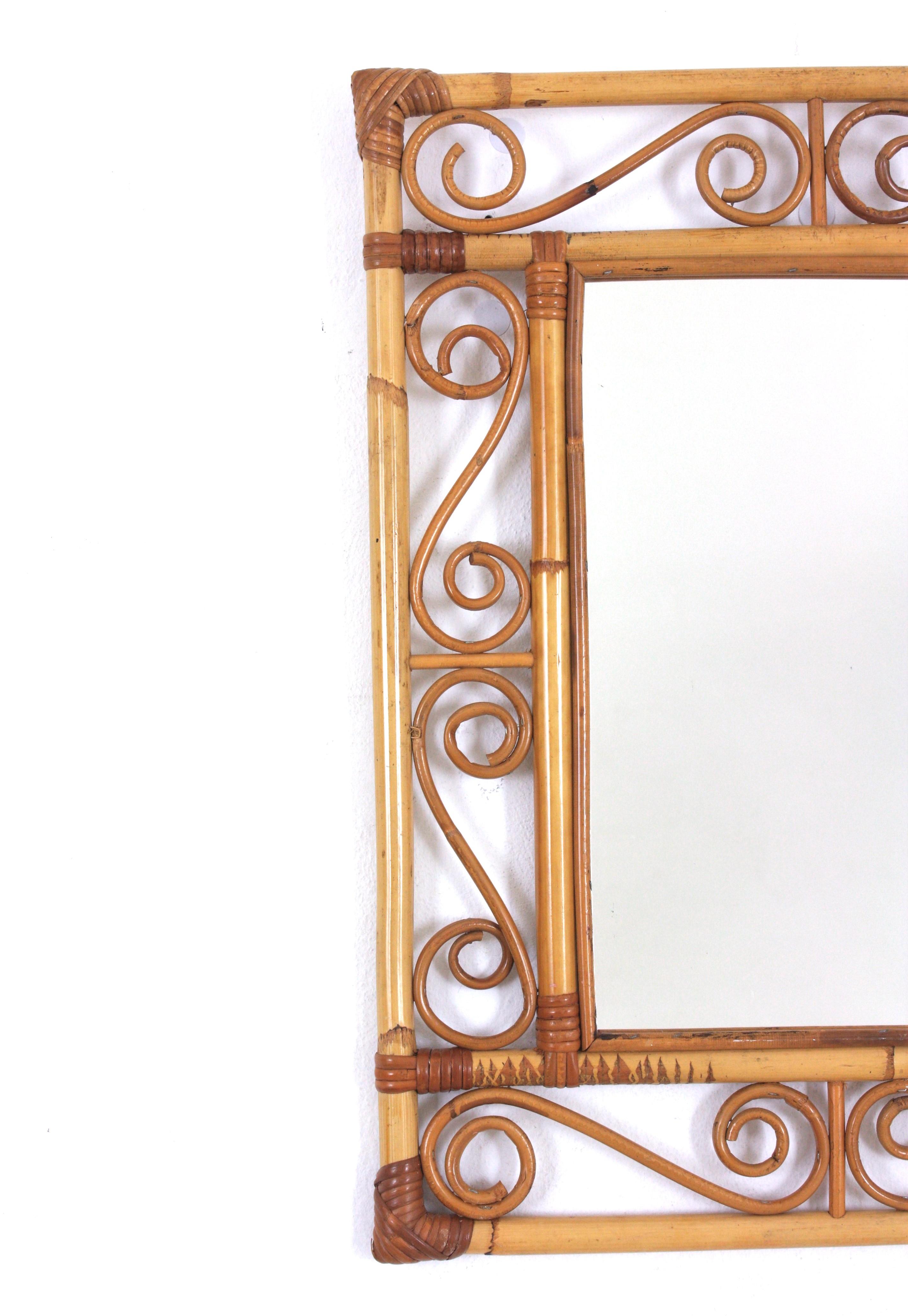Hand-Crafted Franco Albini Style Rattan Rectangular Mirror with Scroll Motifs For Sale