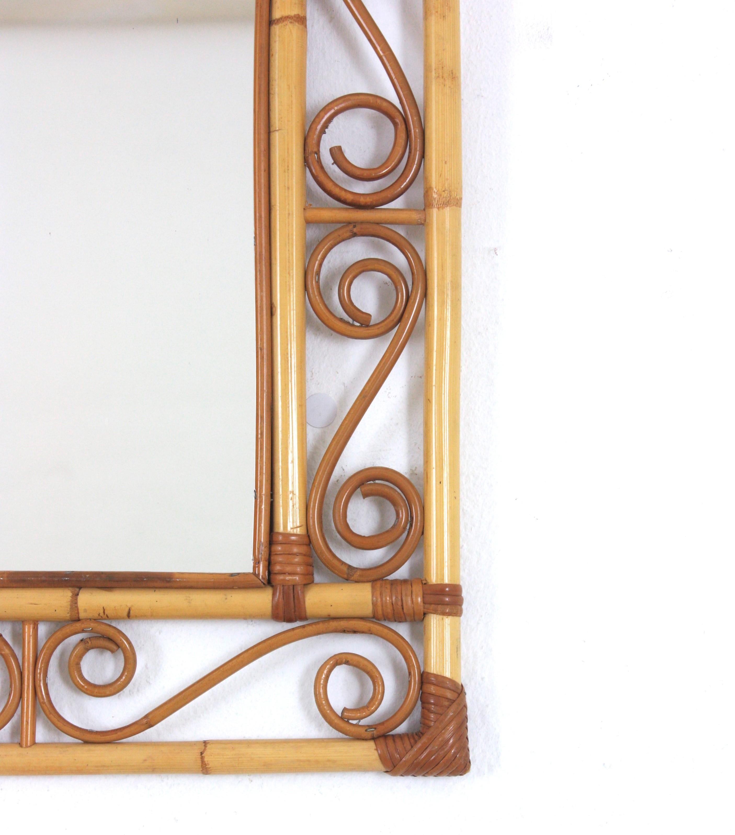 20th Century Franco Albini Style Rattan Rectangular Mirror with Scroll Motifs For Sale