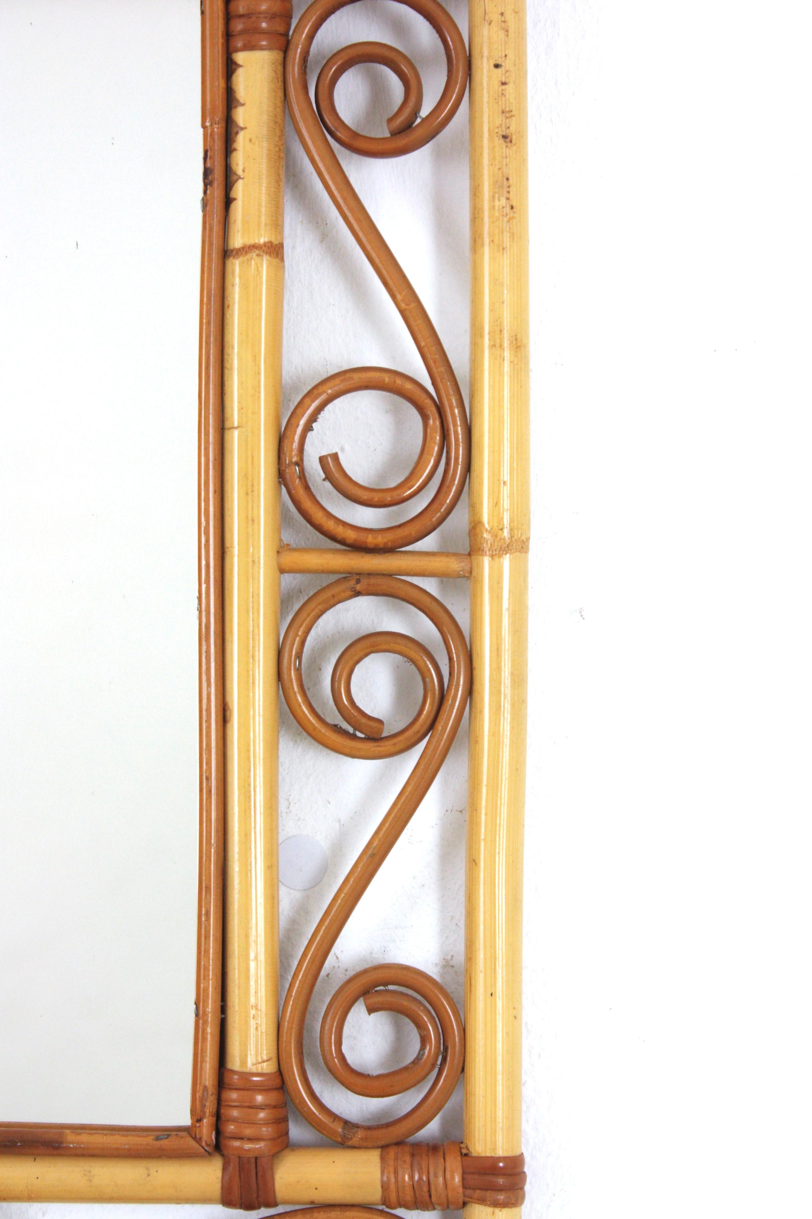 Bamboo Franco Albini Style Rattan Rectangular Mirror with Scroll Motifs For Sale
