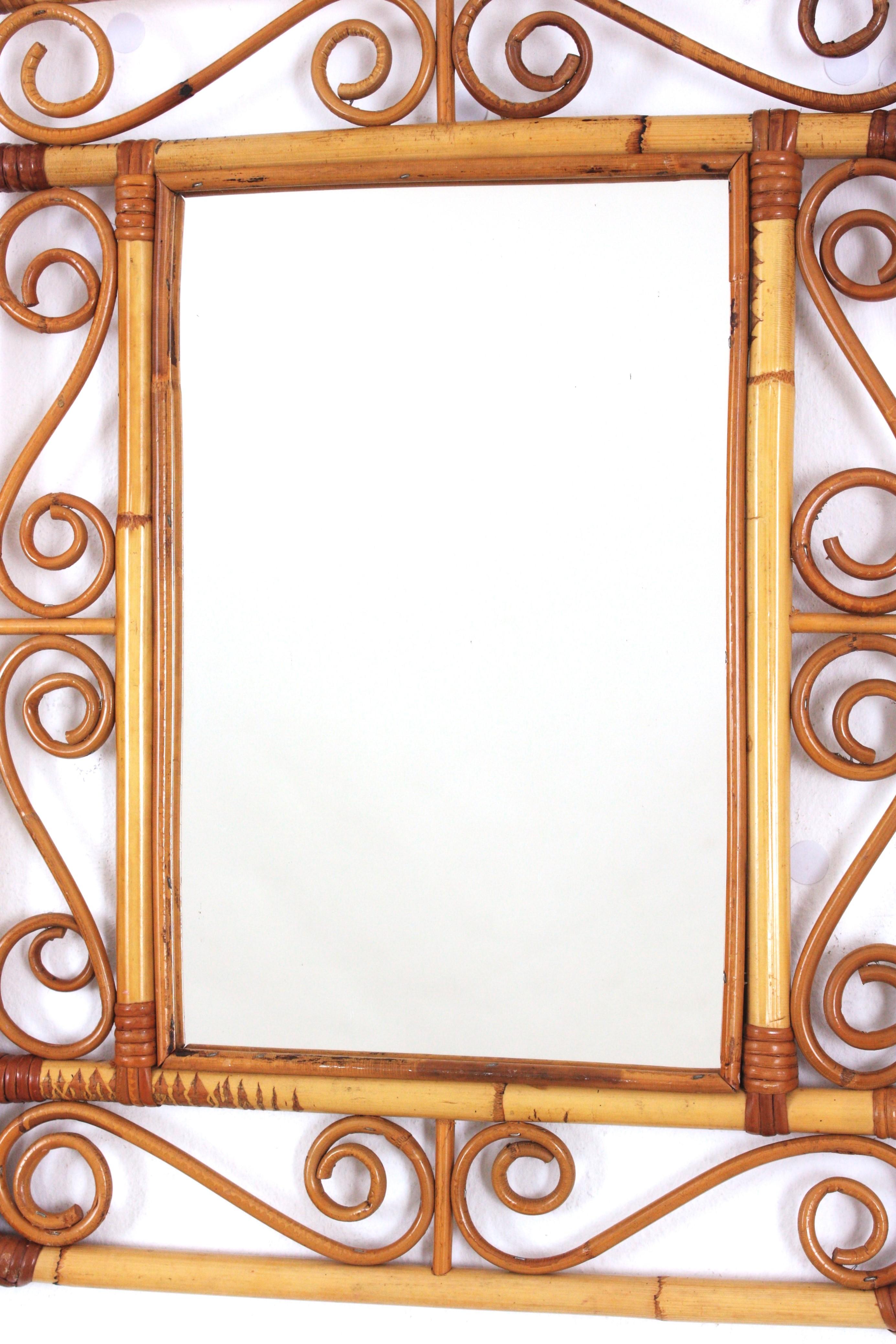 Franco Albini Style Rattan Rectangular Mirror with Scroll Motifs For Sale 1