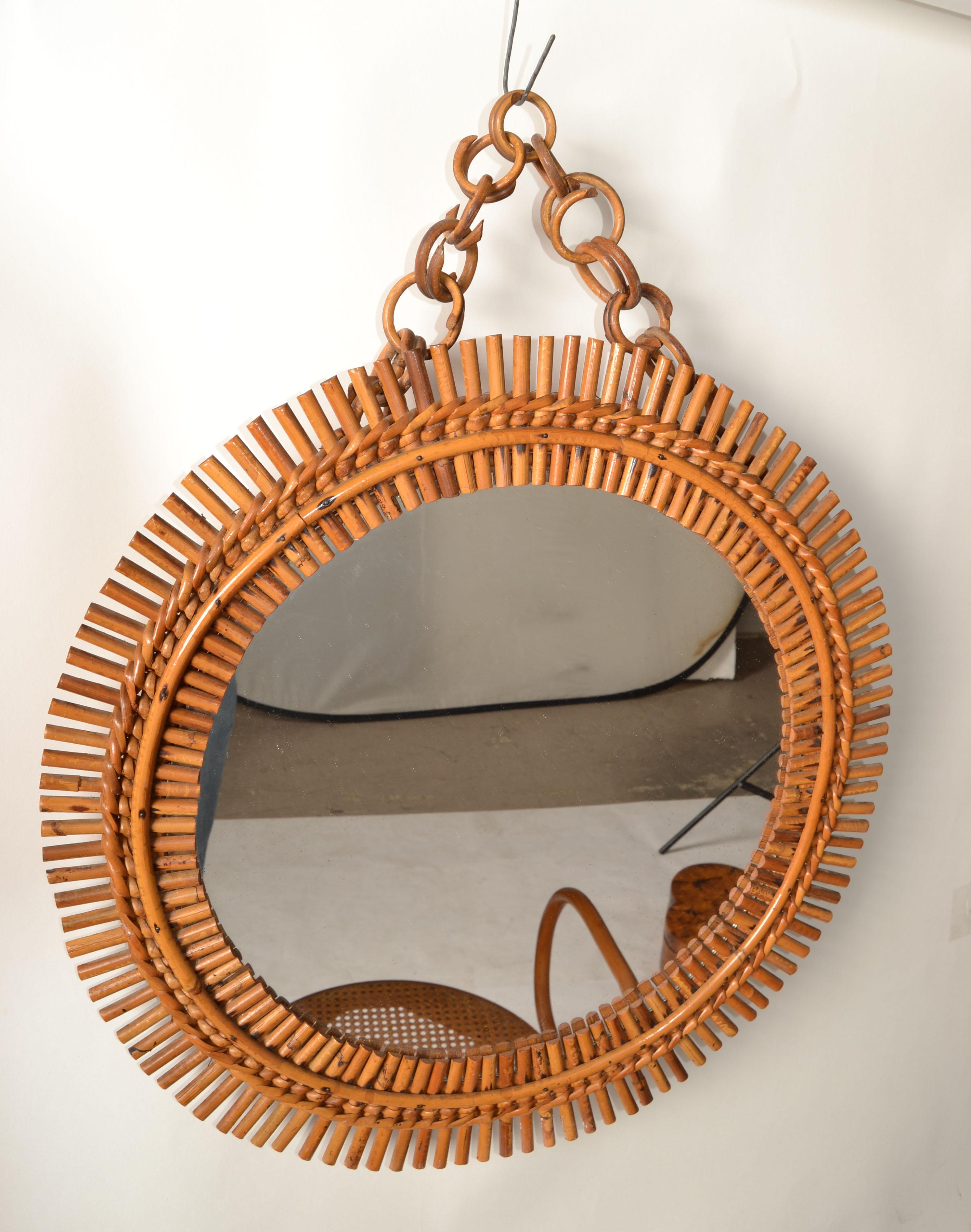 Miroir mural rond en bambou brûlé de style Franco Albini, Italie, mi-siècle moderne en vente 3