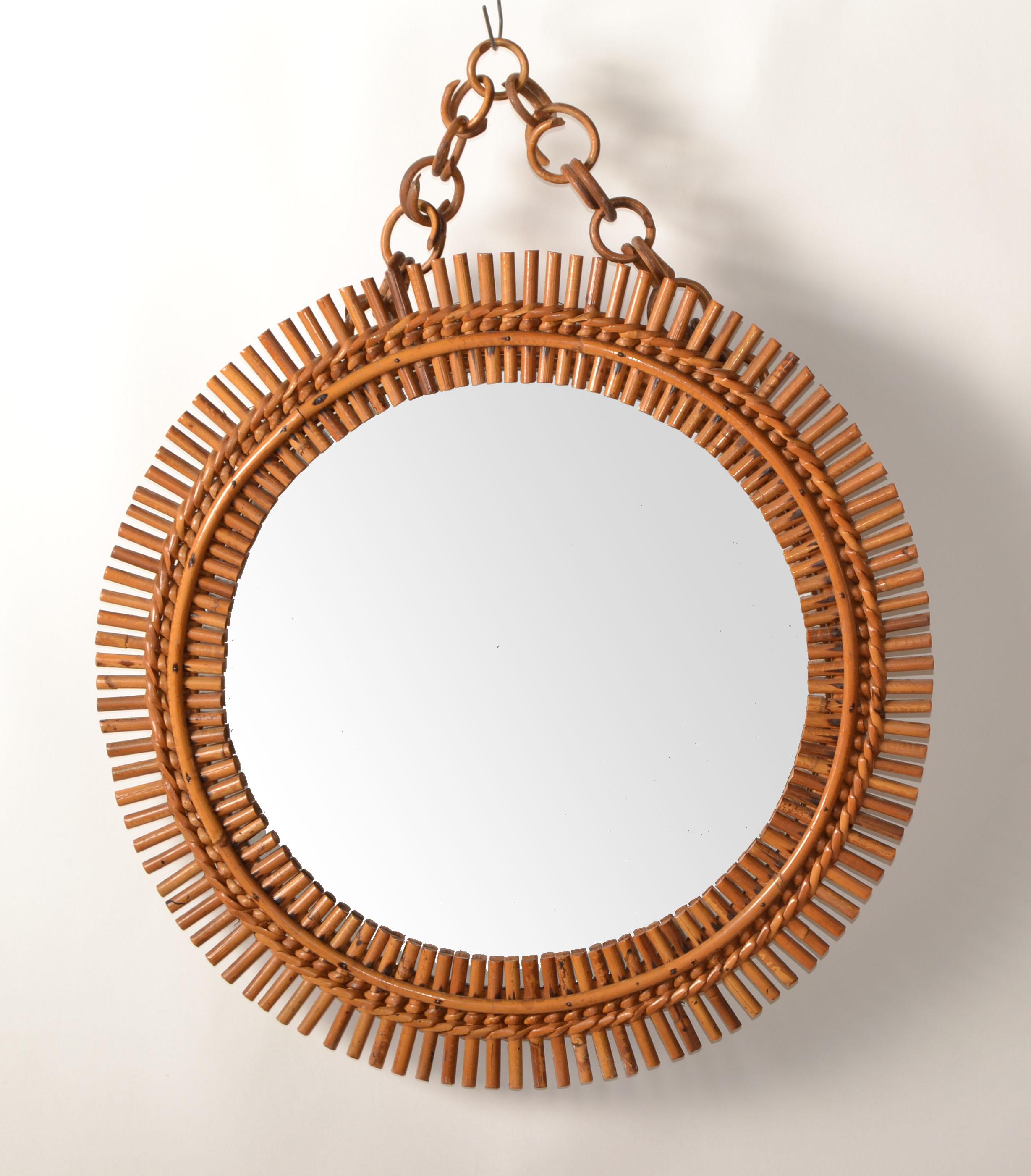 Miroir mural rond en bambou brûlé de style Franco Albini, Italie, mi-siècle moderne en vente 6