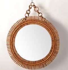 Franco Albini Style Round Bent Burnt Bamboo Wall Mirror Italy Mid-Century Modern