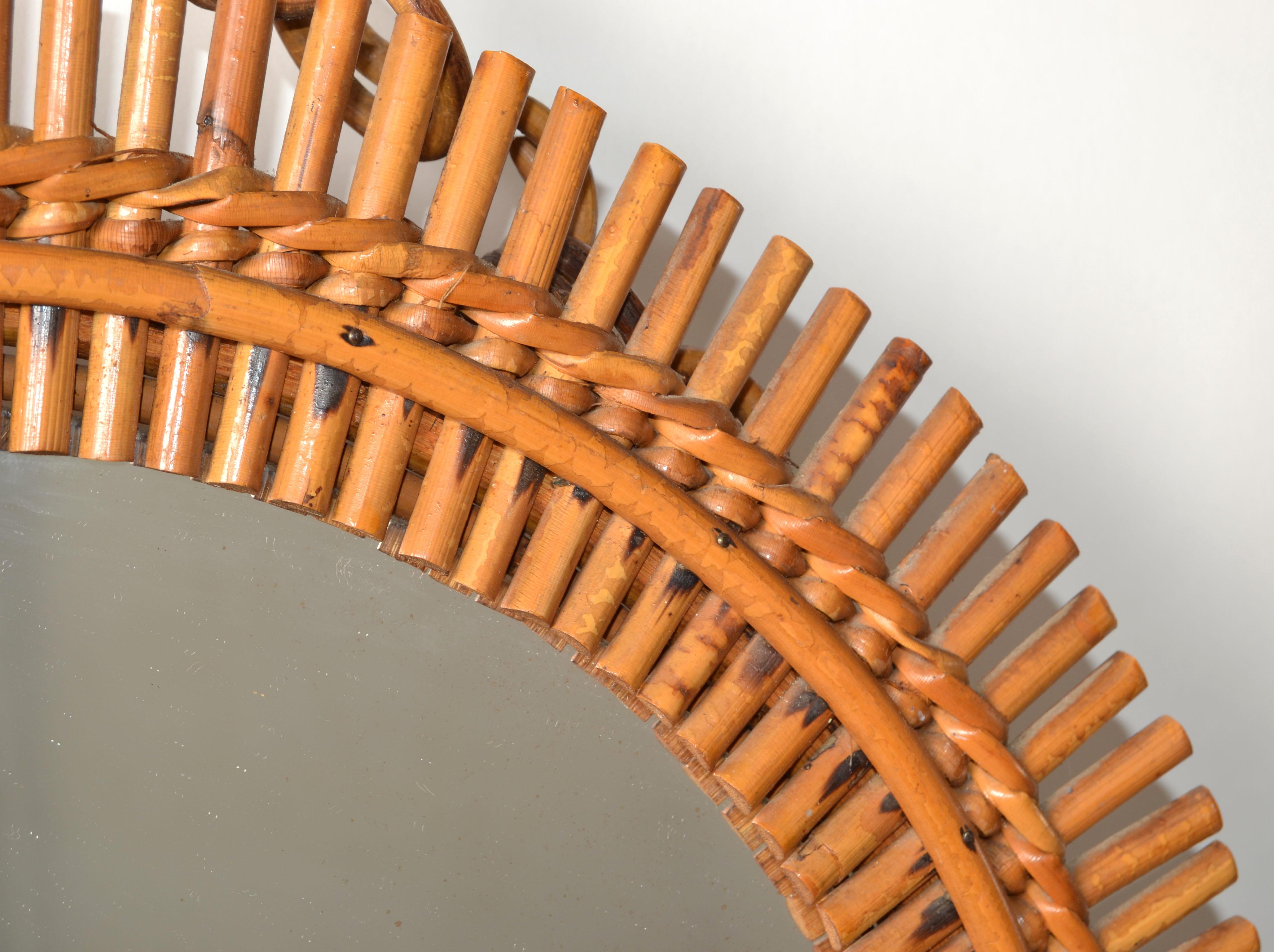 Miroir mural rond en bambou brûlé de style Franco Albini, Italie, mi-siècle moderne en vente 1