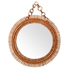 Miroir mural rond en bambou brûlé de style Franco Albini, Italie, mi-siècle moderne