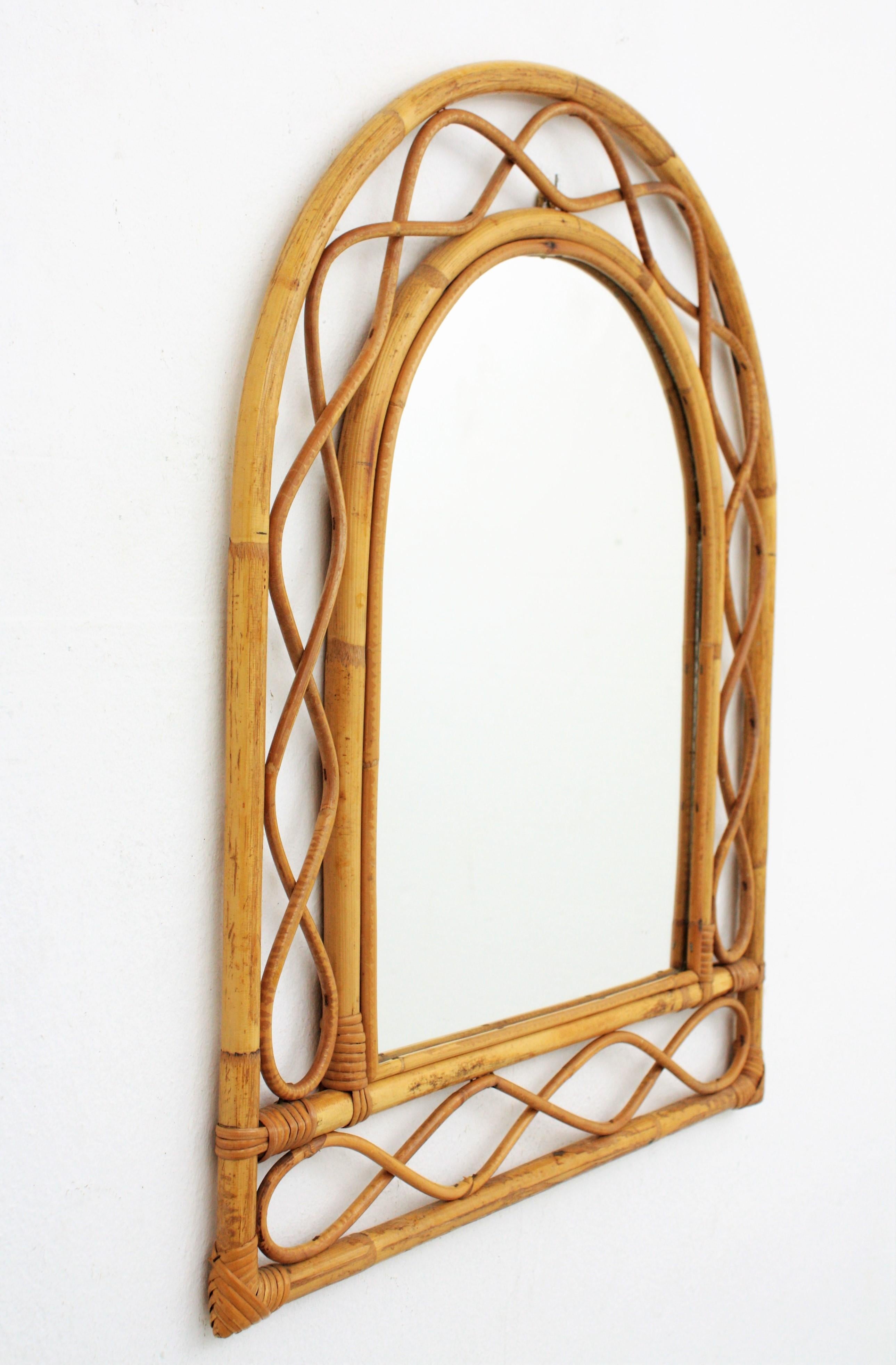 French Franco Albini Style Semi Oval Bamboo and Rattan Mirror