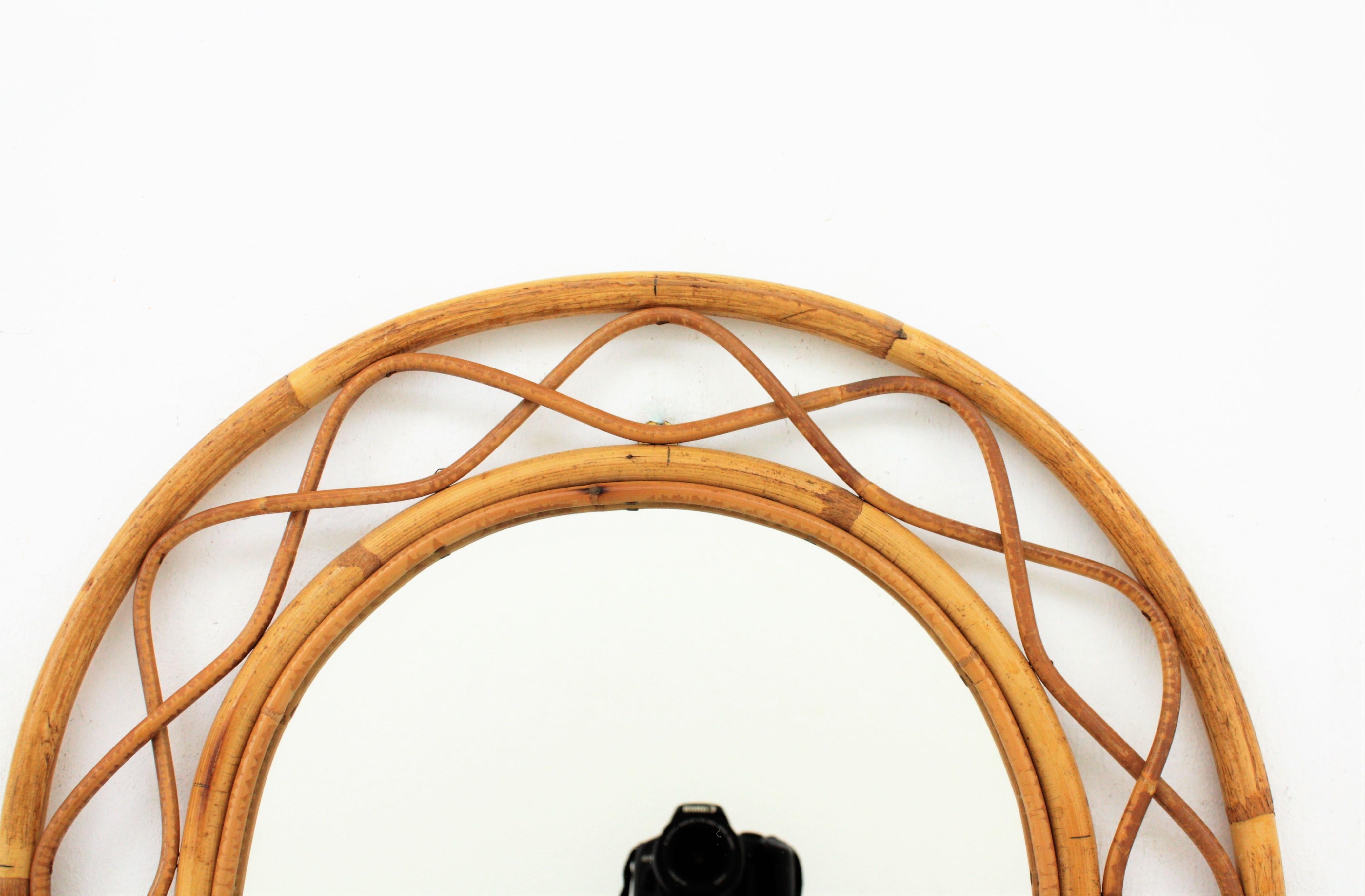 Franco Albini Style Semi Oval Bamboo and Rattan Mirror In Excellent Condition In Barcelona, ES