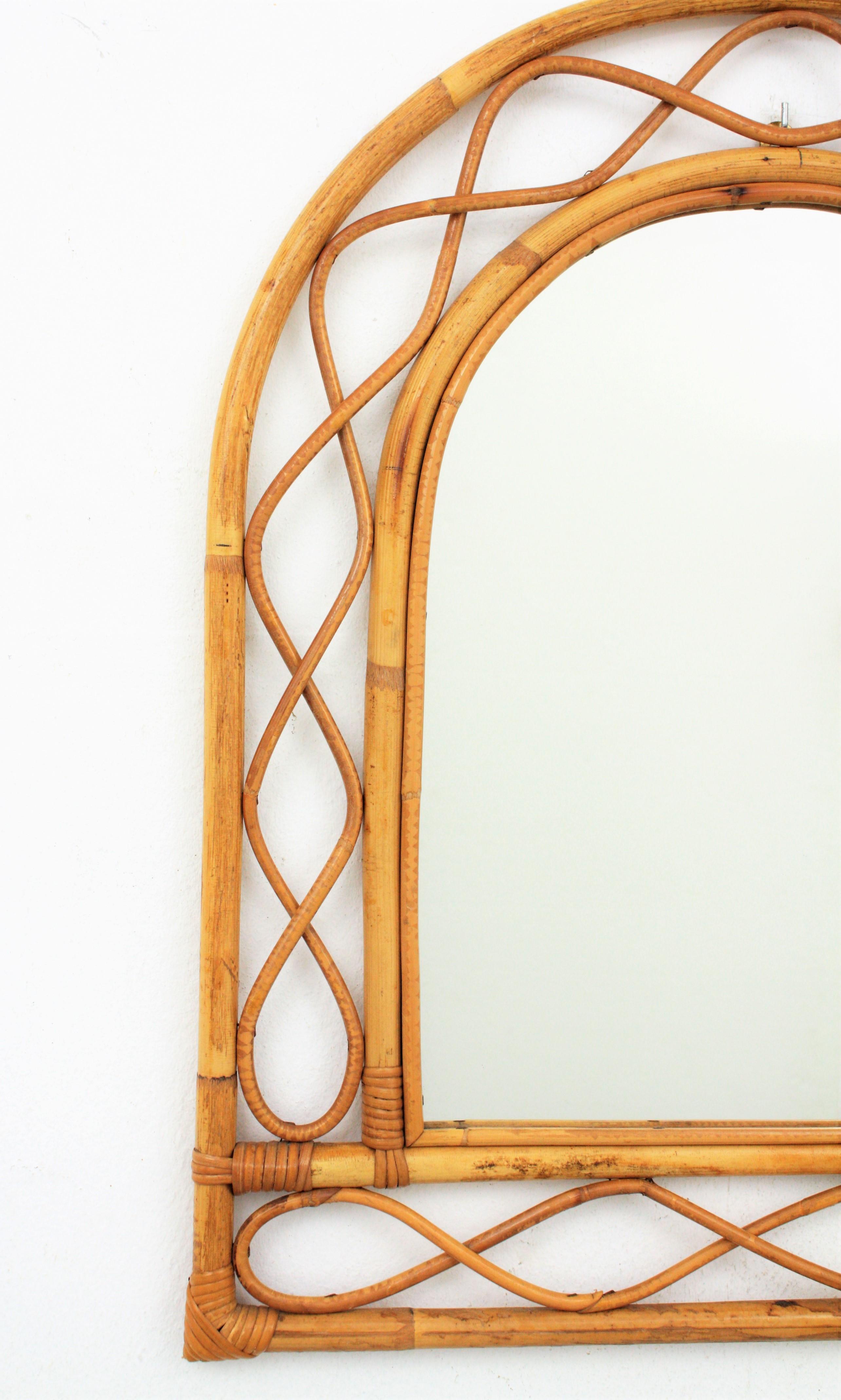 20th Century Franco Albini Style Semi Oval Bamboo and Rattan Mirror