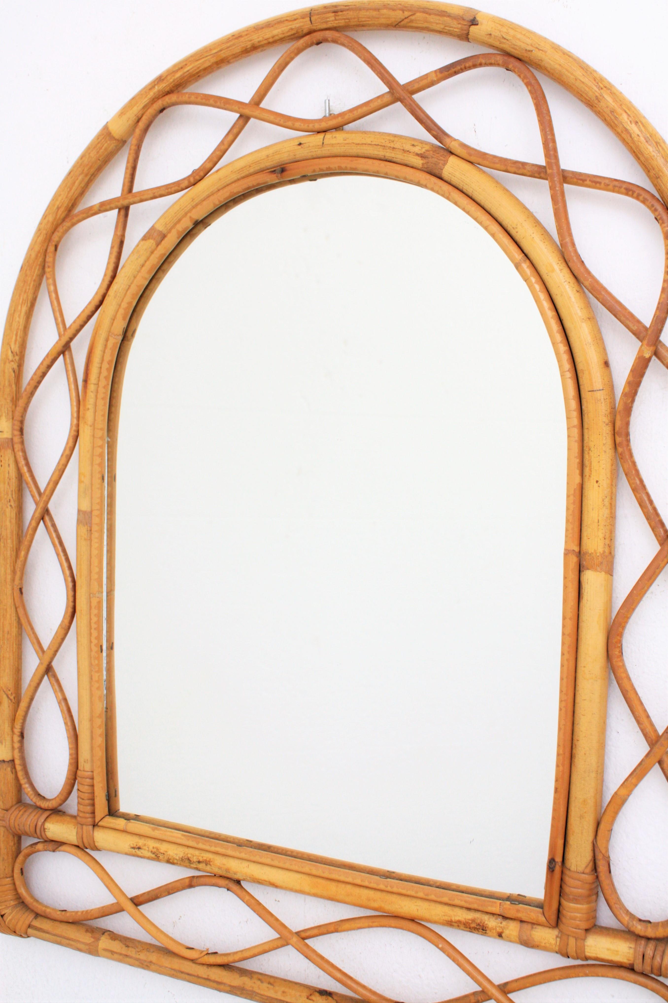 Franco Albini Style Semi Oval Bamboo and Rattan Mirror 2