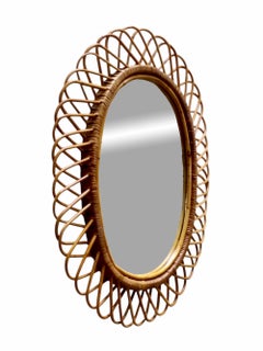 Franco Albini Style Specchio da Parete Ovale in Rattan, Italia 1960s