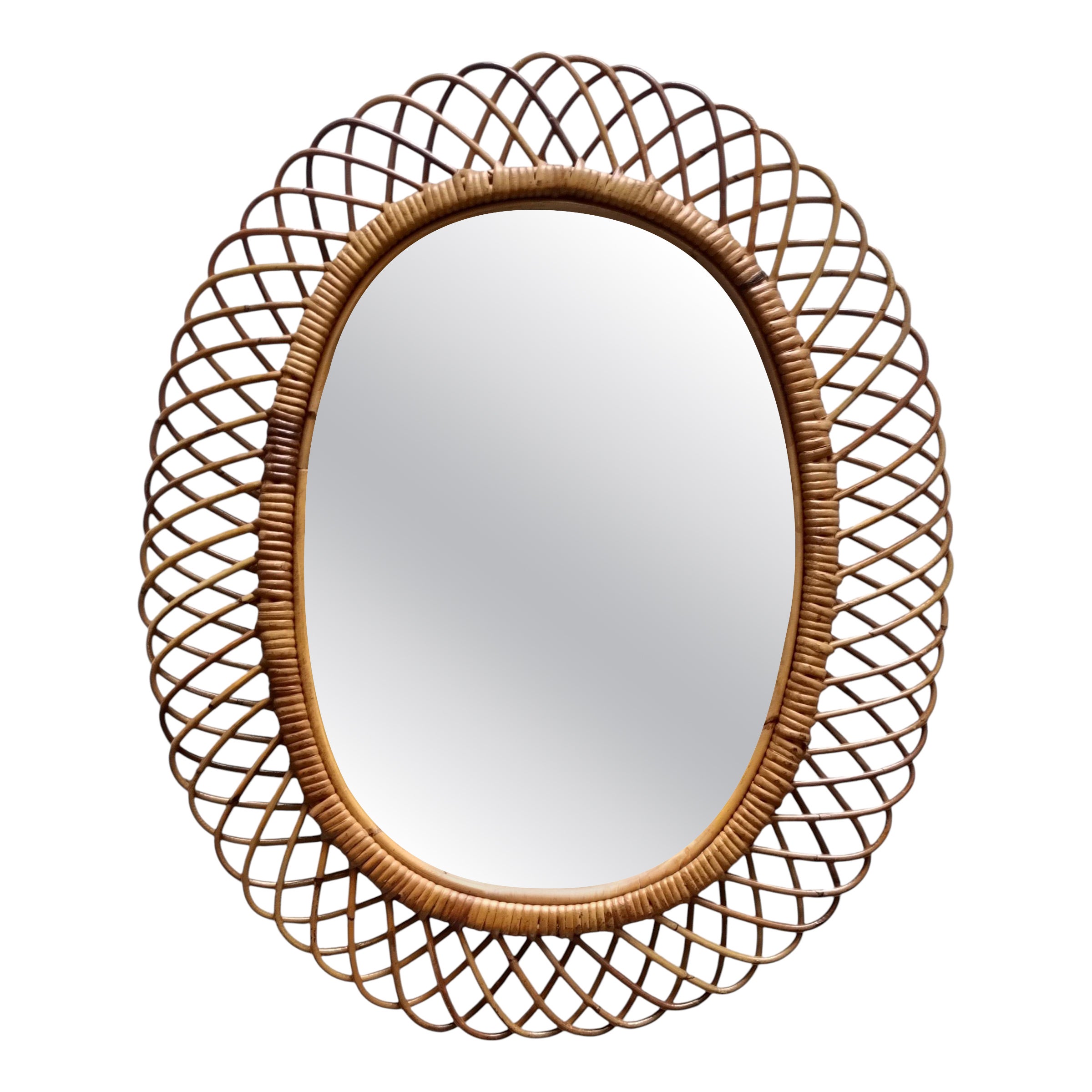 Franco Albini Style Specchio da Parete Ovale in Rattan, Italia 1960s For Sale