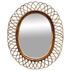 Franco Albini Style Specchio da Parete Ovale in Rattan, Italia 1960s