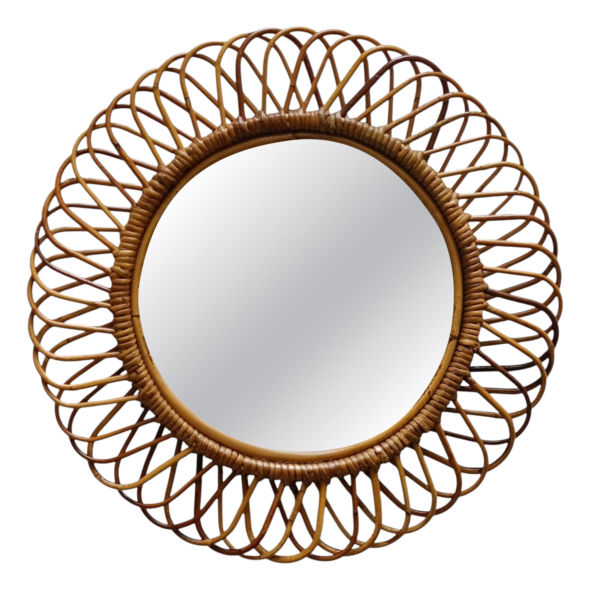 Franco Albini Style Specchio da Parete Tondo in Rattan, Italia 1960s For Sale