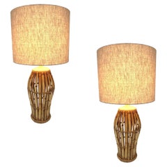 Franco Albini Style Split Rattan Basket Hourglass Table Lamp Pair, w/ Shades