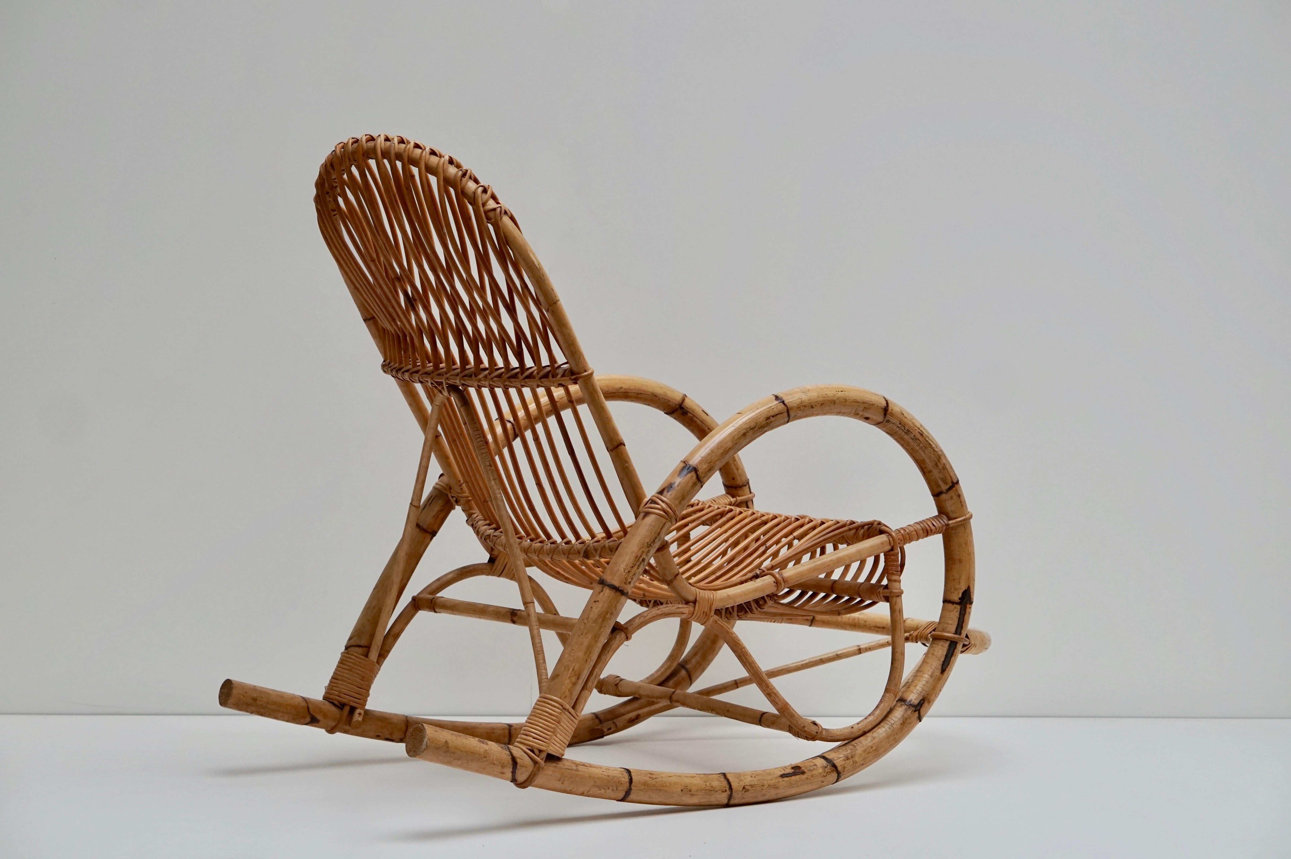 Italian Franco Albini Style Wicker Bamboo Rocking Chair For Sale