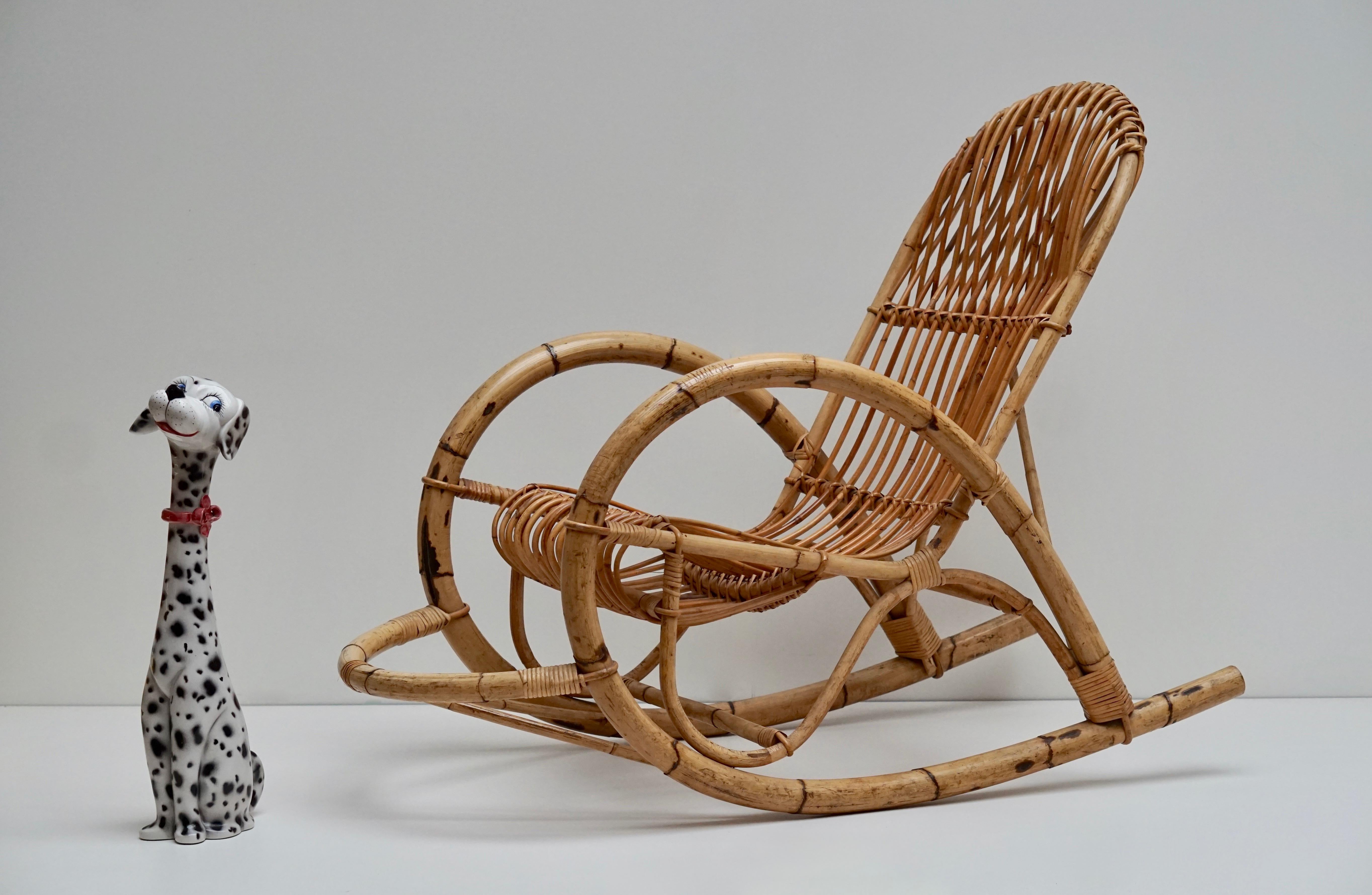 Franco Albini Style Wicker Bamboo Rocking Chair For Sale 1