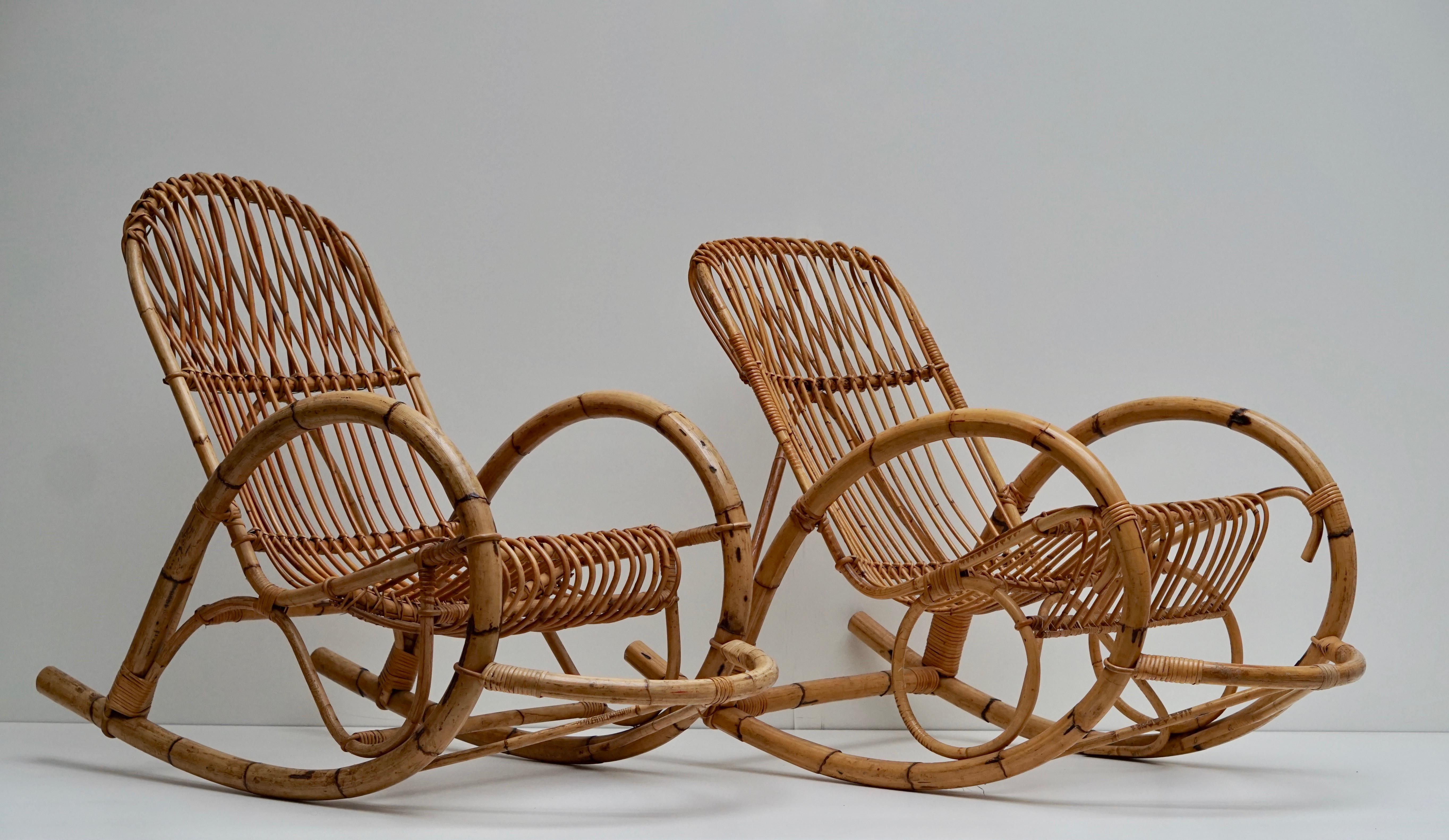 Franco Albini Style Wicker Bamboo Rocking Chair For Sale 1
