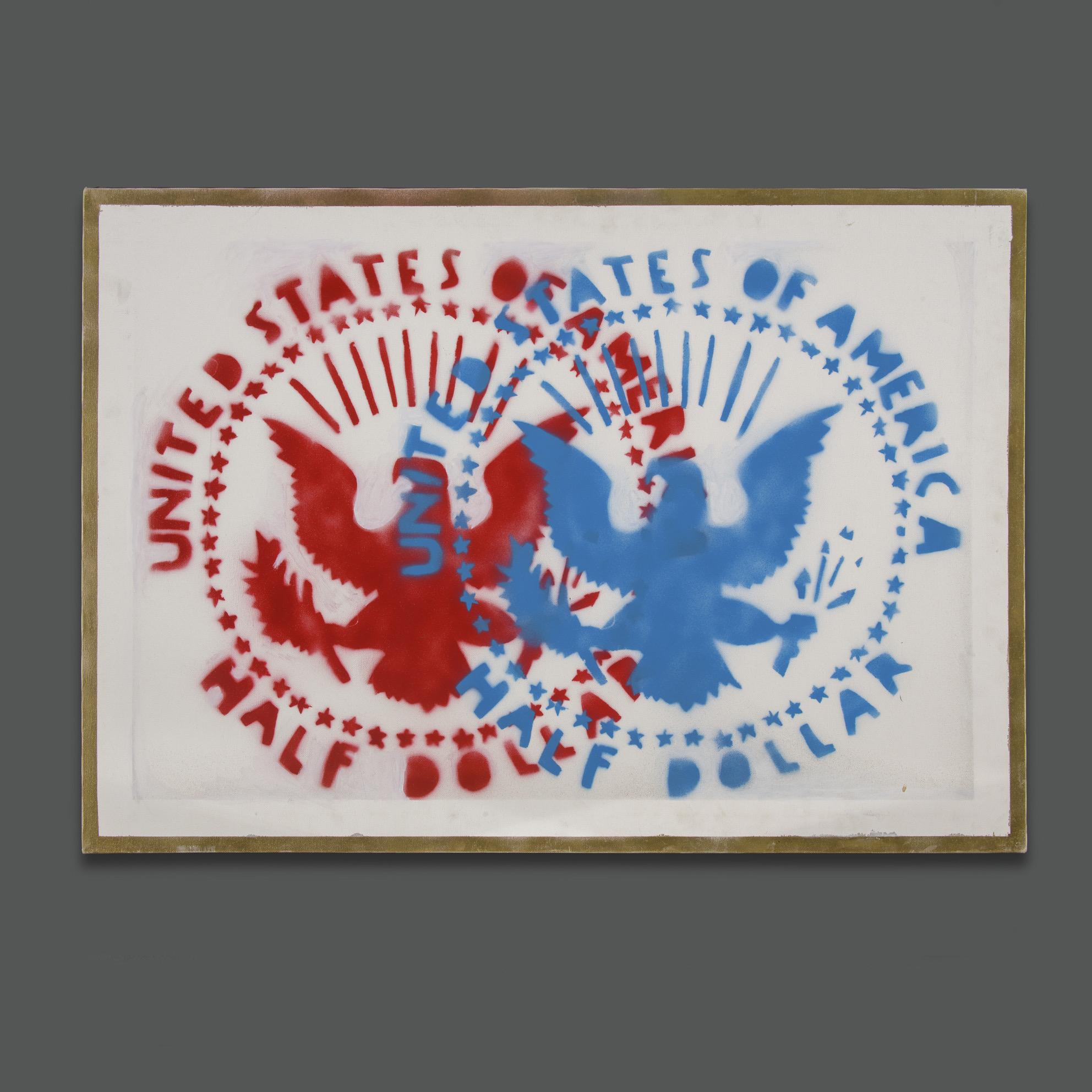 Demi-dollar de Franco Angeli
Giuseppe Franco Angeli (14 mai 1935 - 12 novembre 1988) était l
un des meilleurs artistes italiens modernes.
Half Dollar (1965) est une œuvre emblématique du style pop de Franco Angeli, réalisée à l
aide d
une technique