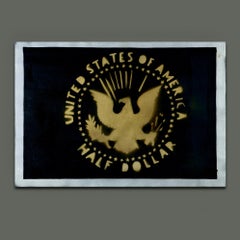 Franco Angeli 1970s Half Dollar Italian Pop Art Black and Gold Signed Painting