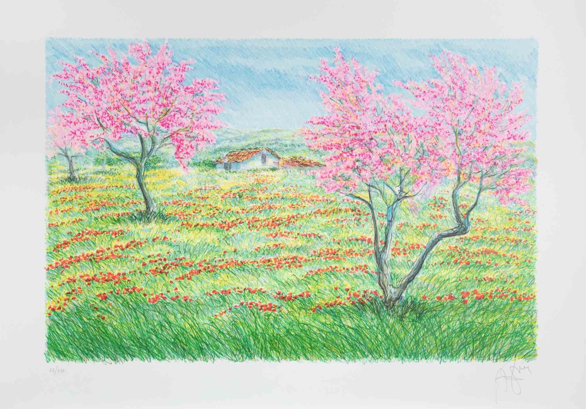 Spring Landscape - Lithograph by Franco Azzinari - 1980s For Sale 1