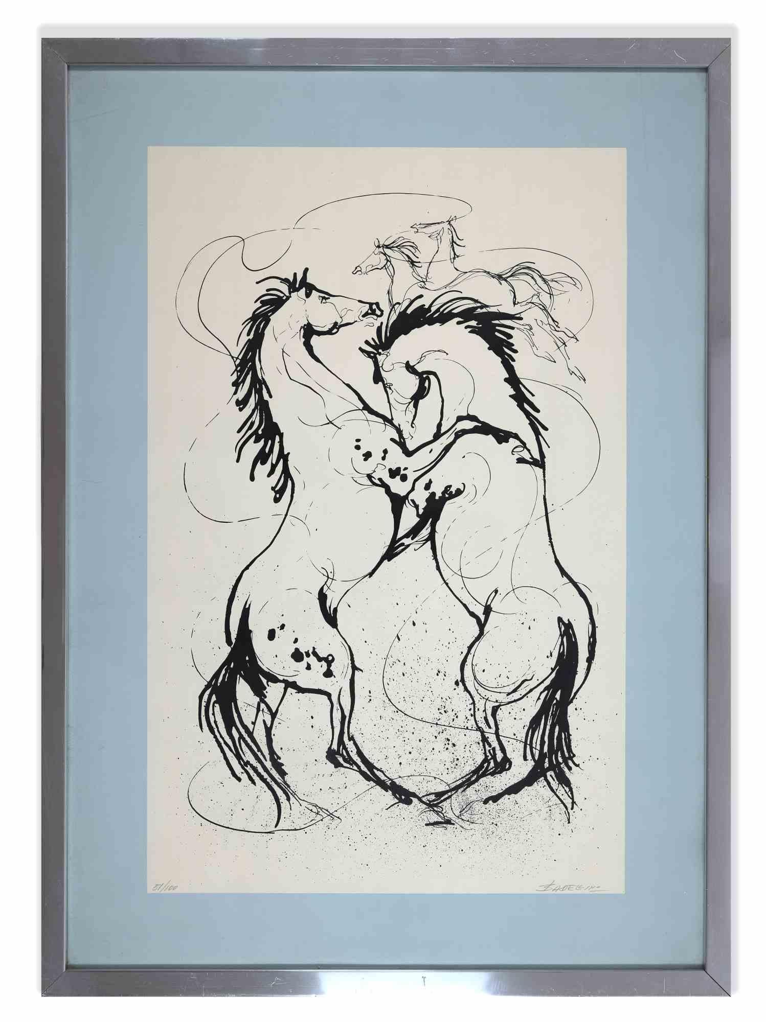 Horses - Original Screen Print by Franco Badellino - 1970s