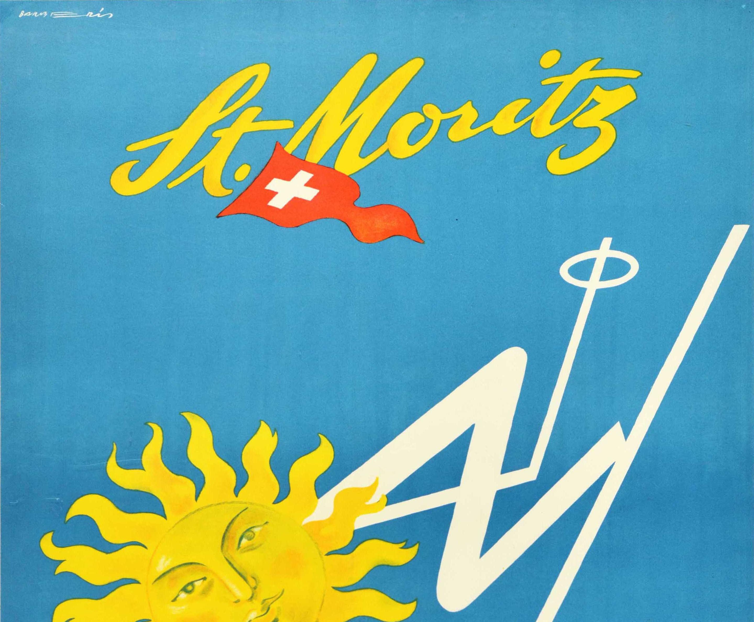 Original-Vintage-Poster, St Moritz, Schweiz, Skifahren, Sonnengebirge, Schweizer Flagge – Print von Franco Barberis