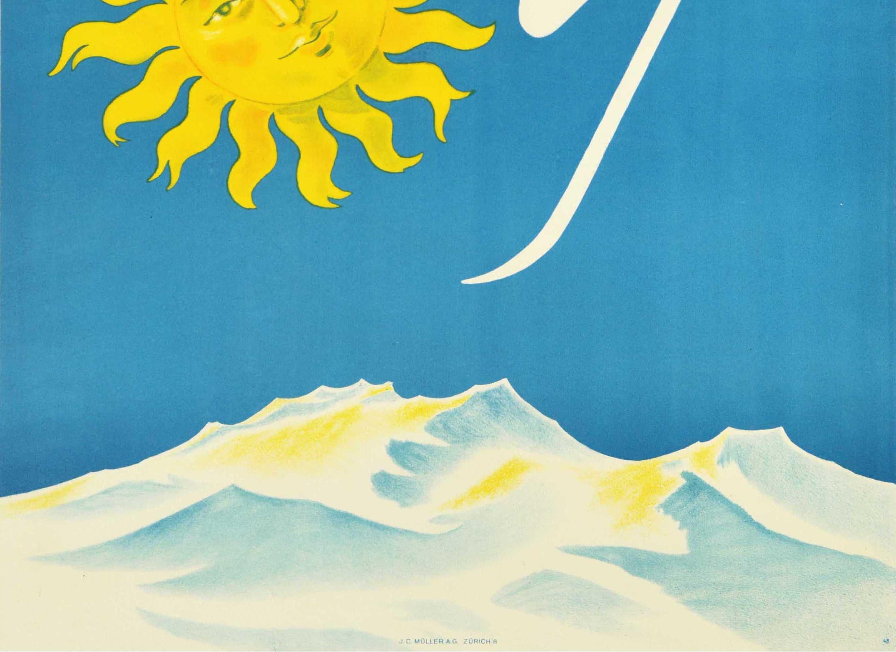 Original-Vintage-Poster, St Moritz, Schweiz, Skifahren, Sonnengebirge, Schweizer Flagge (Blau), Print, von Franco Barberis