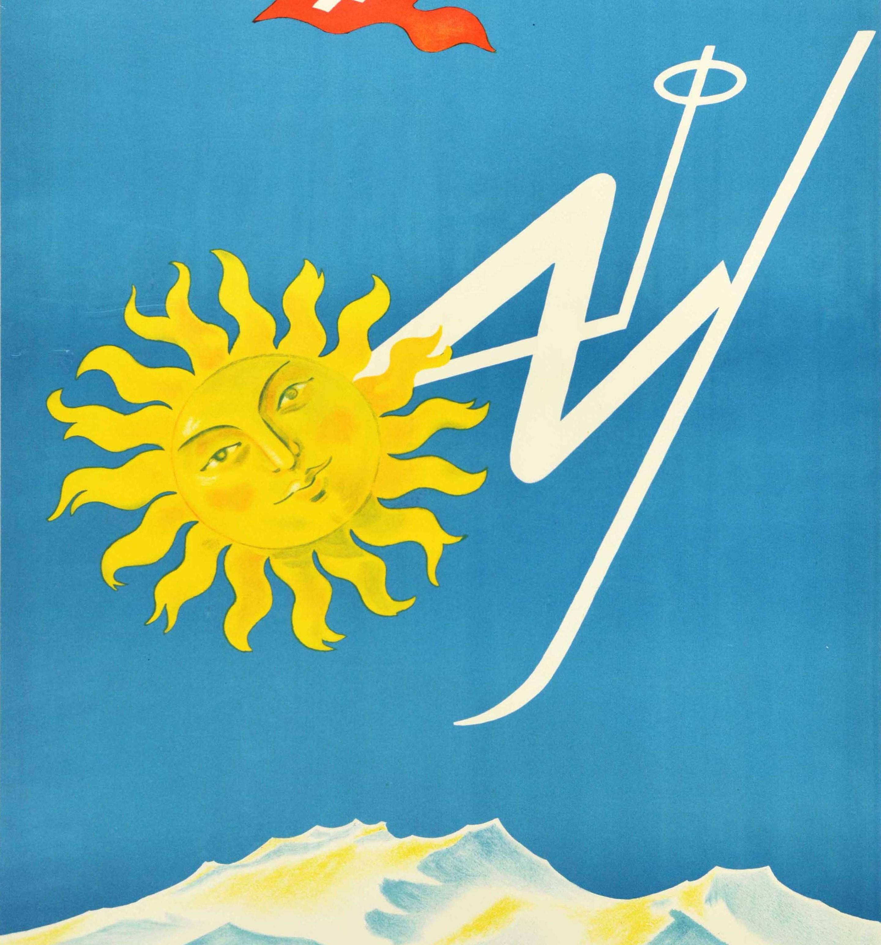 Original-Wintersport-Reiseplakat für den Skiort St. Moritz mit einem großartigen Entwurf des Schweizer Künstlers Franco Barberis (1905-1992), der das Logo der lächelnden Sonne von St. Moritz in Form eines Skifahrers auf Skiern zeigt, der den