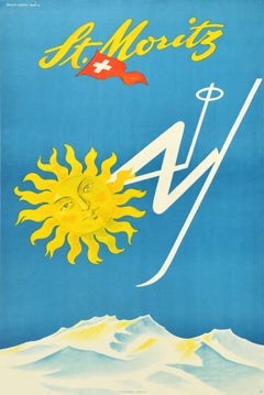 Original-Vintage-Poster, St Moritz, Schweiz, Skifahren, Sonnengebirge, Schweizer Flagge