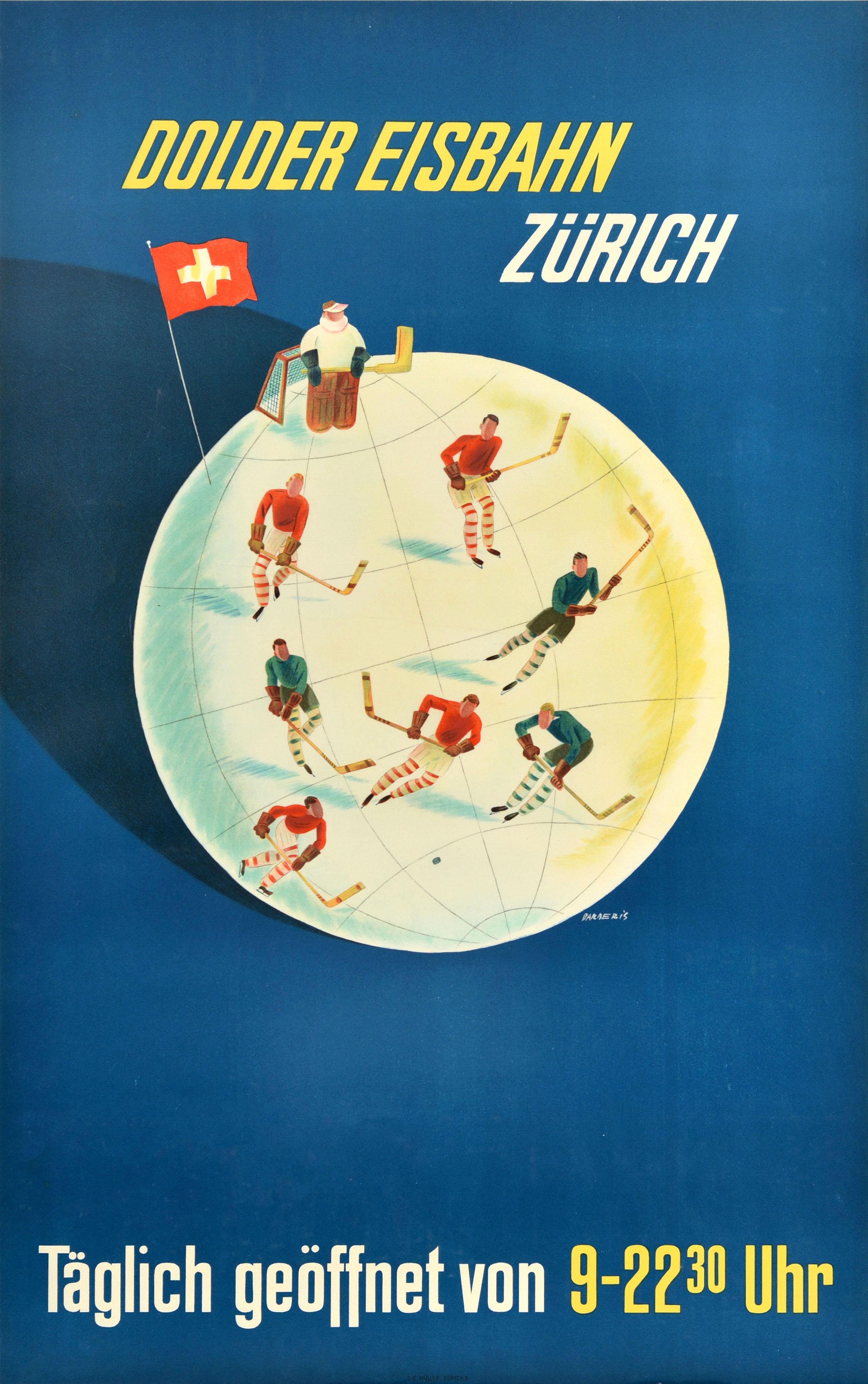 Franco Barberis Print - Original Vintage Sport Poster Dolder Zurich Ice Skating Rink Switzerland Hockey