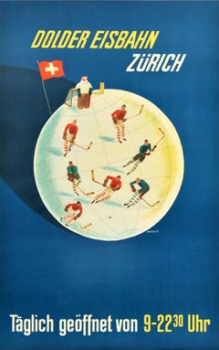 Original Vintage Sportplakat Dolder Zurich Eis Skating Rink Schweiz Hockey, Original