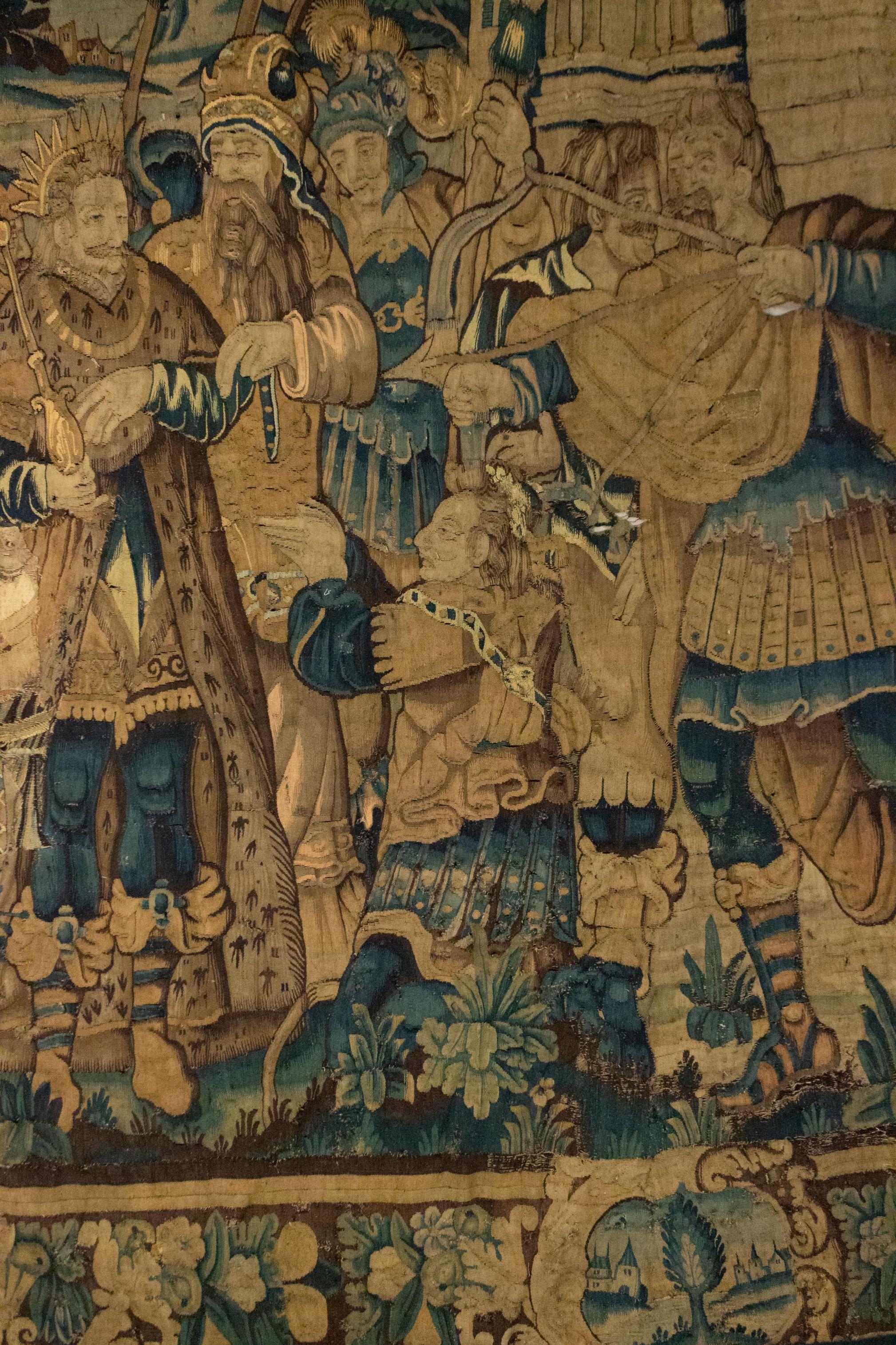 Continental Franco/Belgian (17th century) woven tapestry with military figures titled The Hostage.
       