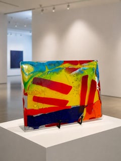 Sculpture en verre de Murano de Franco Berardo, en plaque avec un fragment de verre polychrome