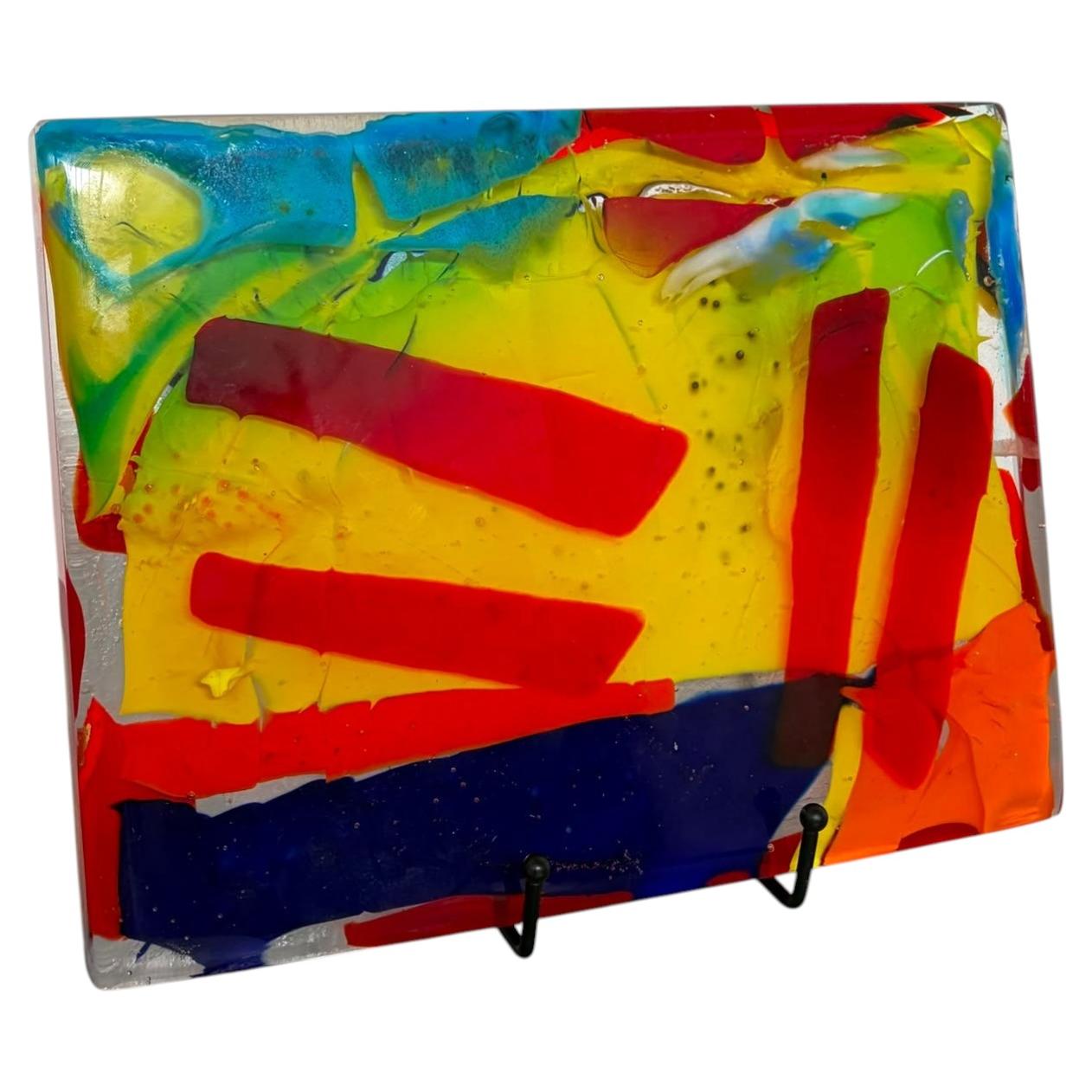 Franco Berardo Murano Glass Sculpture in Slab with Polychrome Glass Fragment