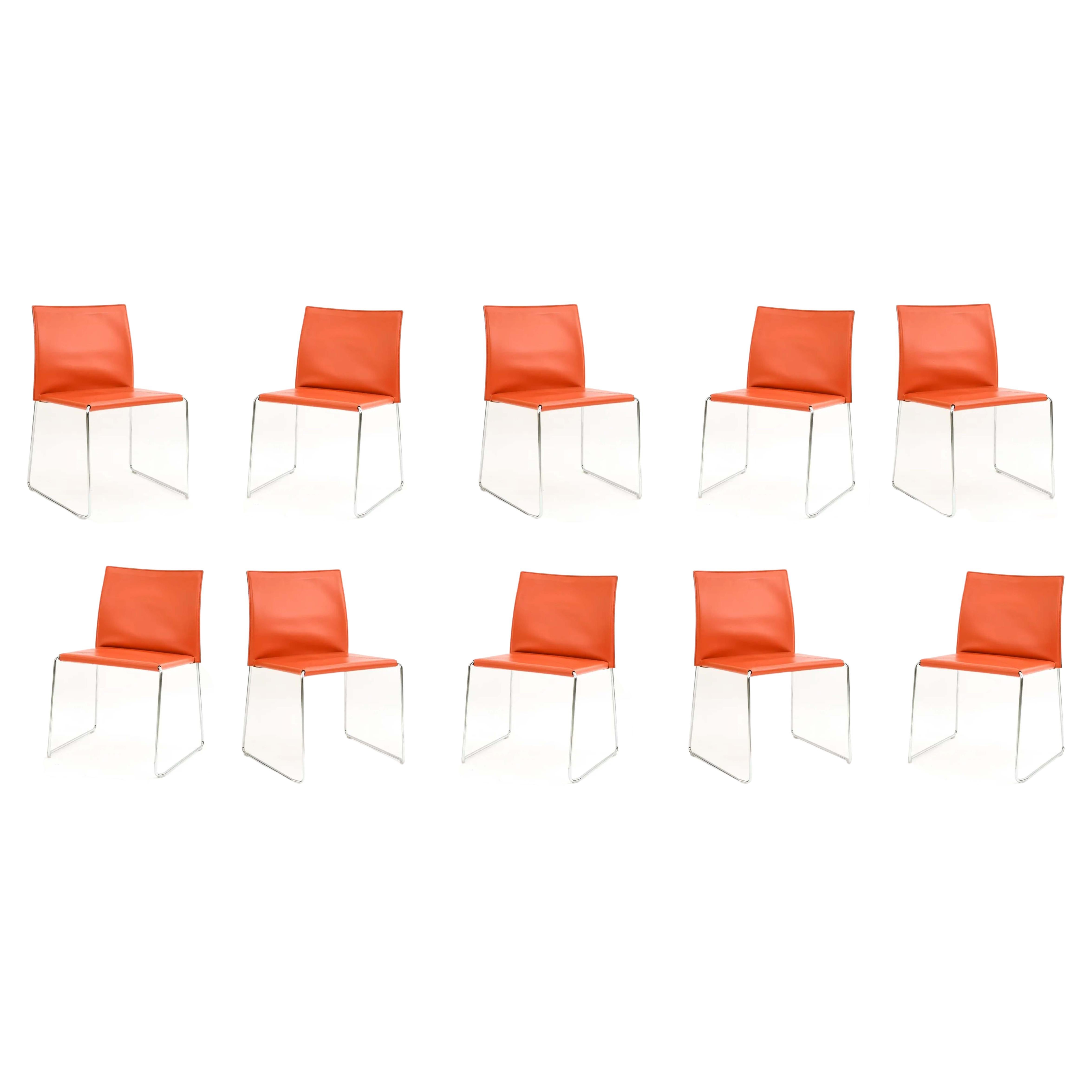 Franco Bizzozzero - Enrico Pellizoni 10 Orange Leather "Bizzy" Stacking Chairs  For Sale